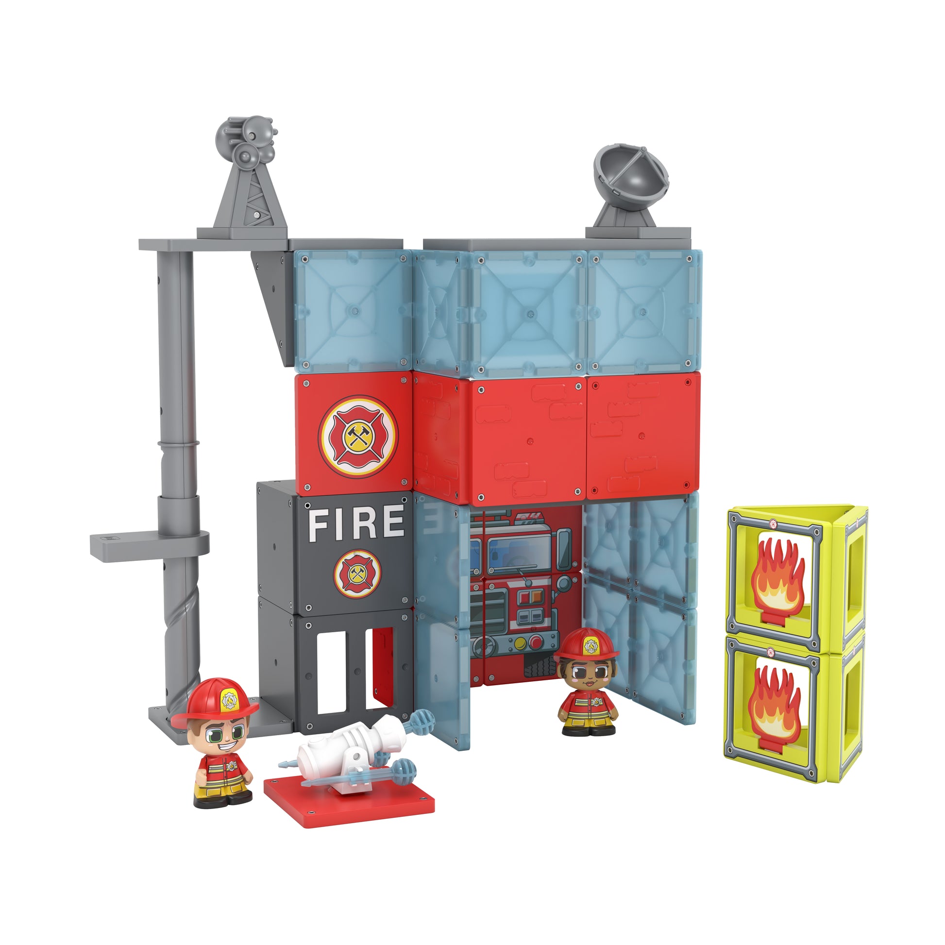 Toy fire station set with firefighters and equipment on a white background
