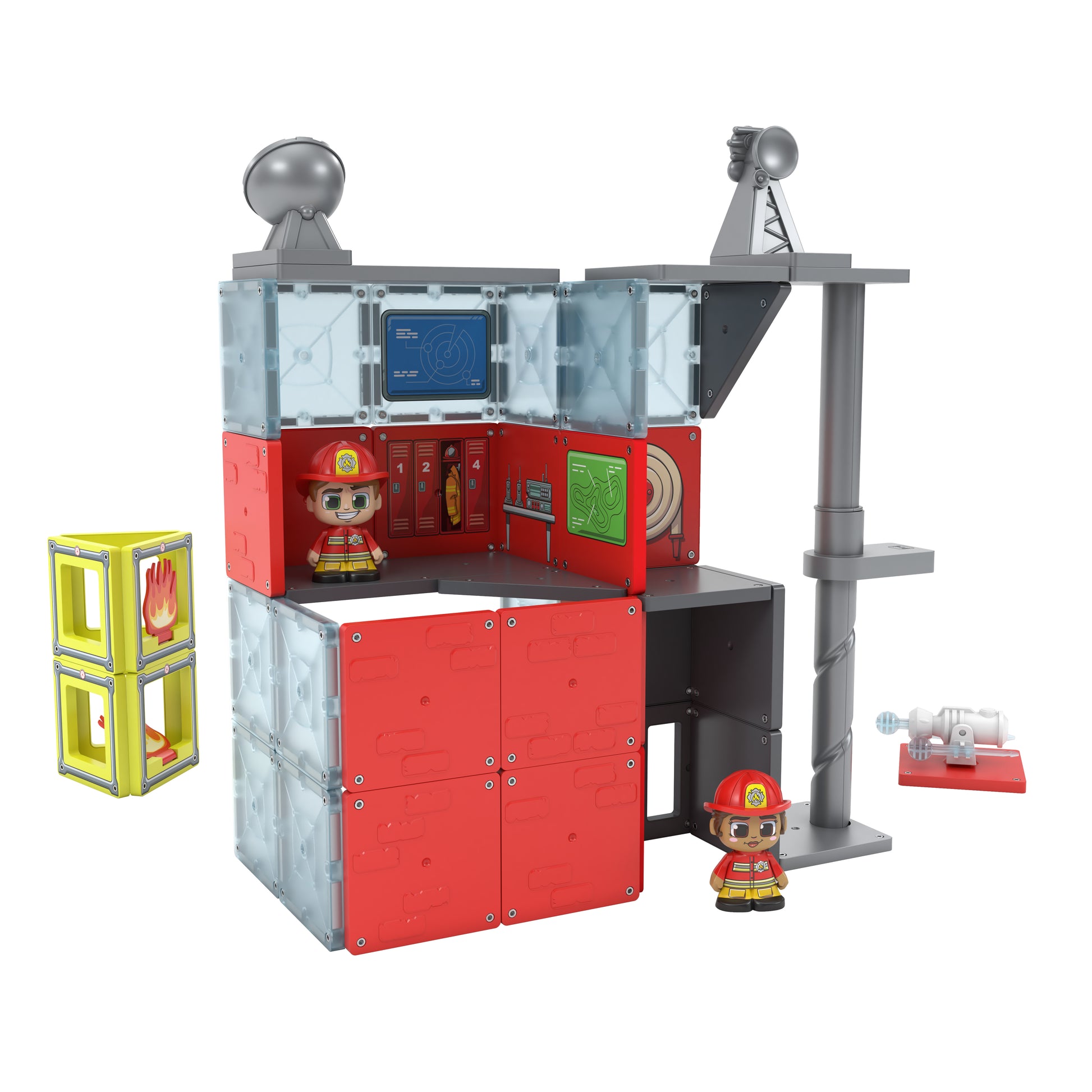 Toy fire station with figures and accessories on a white background