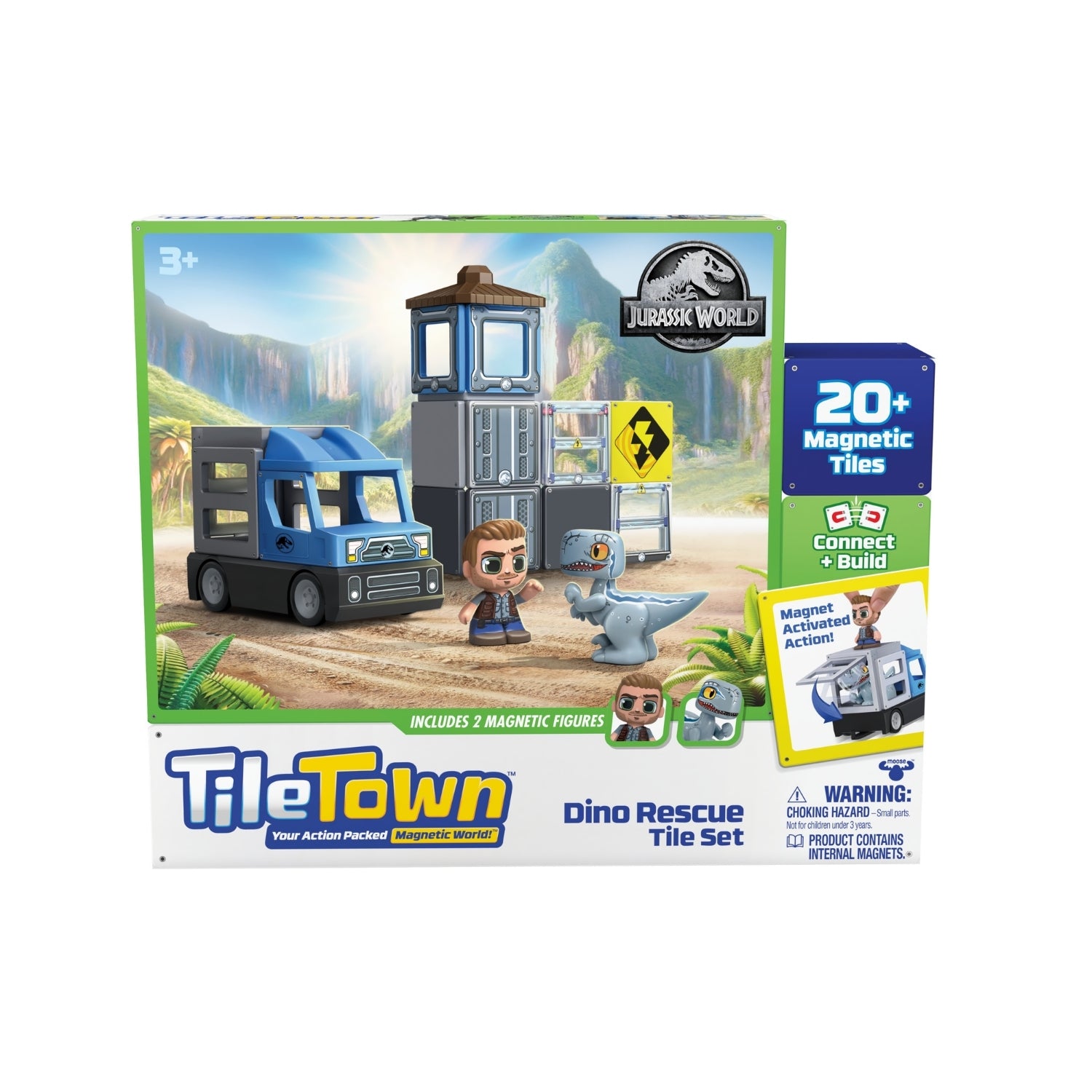 TileTown Dino Rescue Tile Set packaging with toy figures and magnetic tiles on a white background