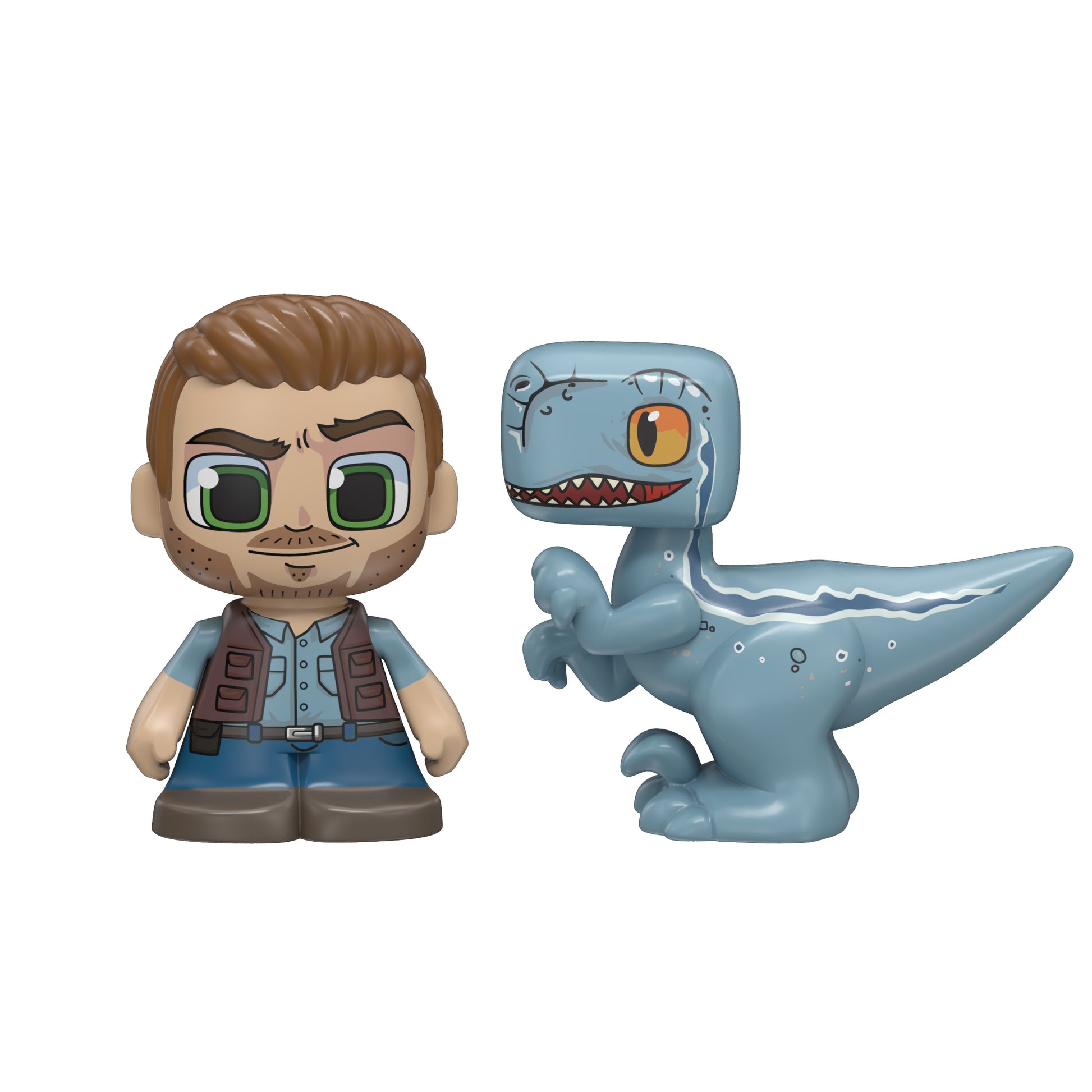 Two toy figures of a person and a dinosaur on a white background