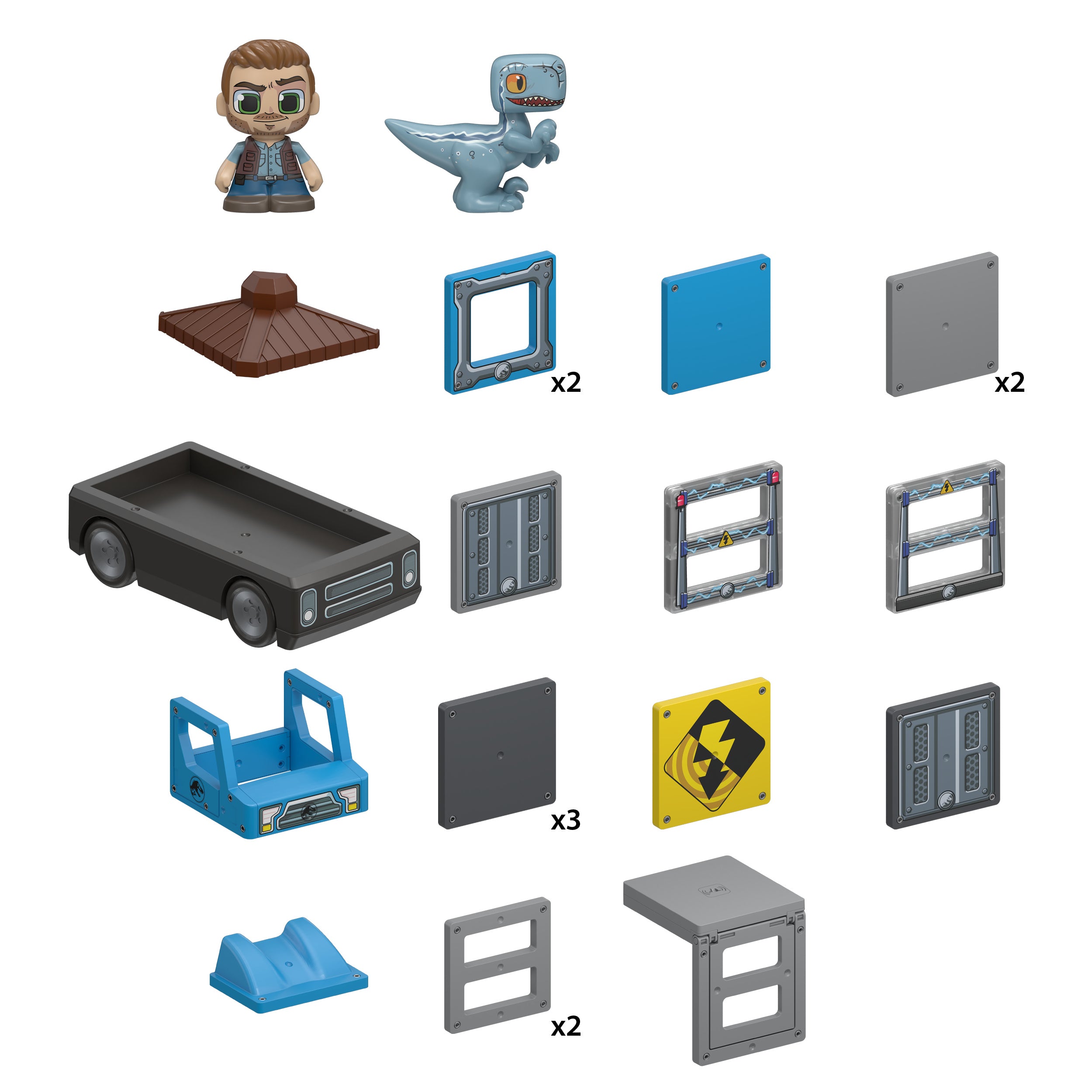 Collection of toy figures and accessories on a white background