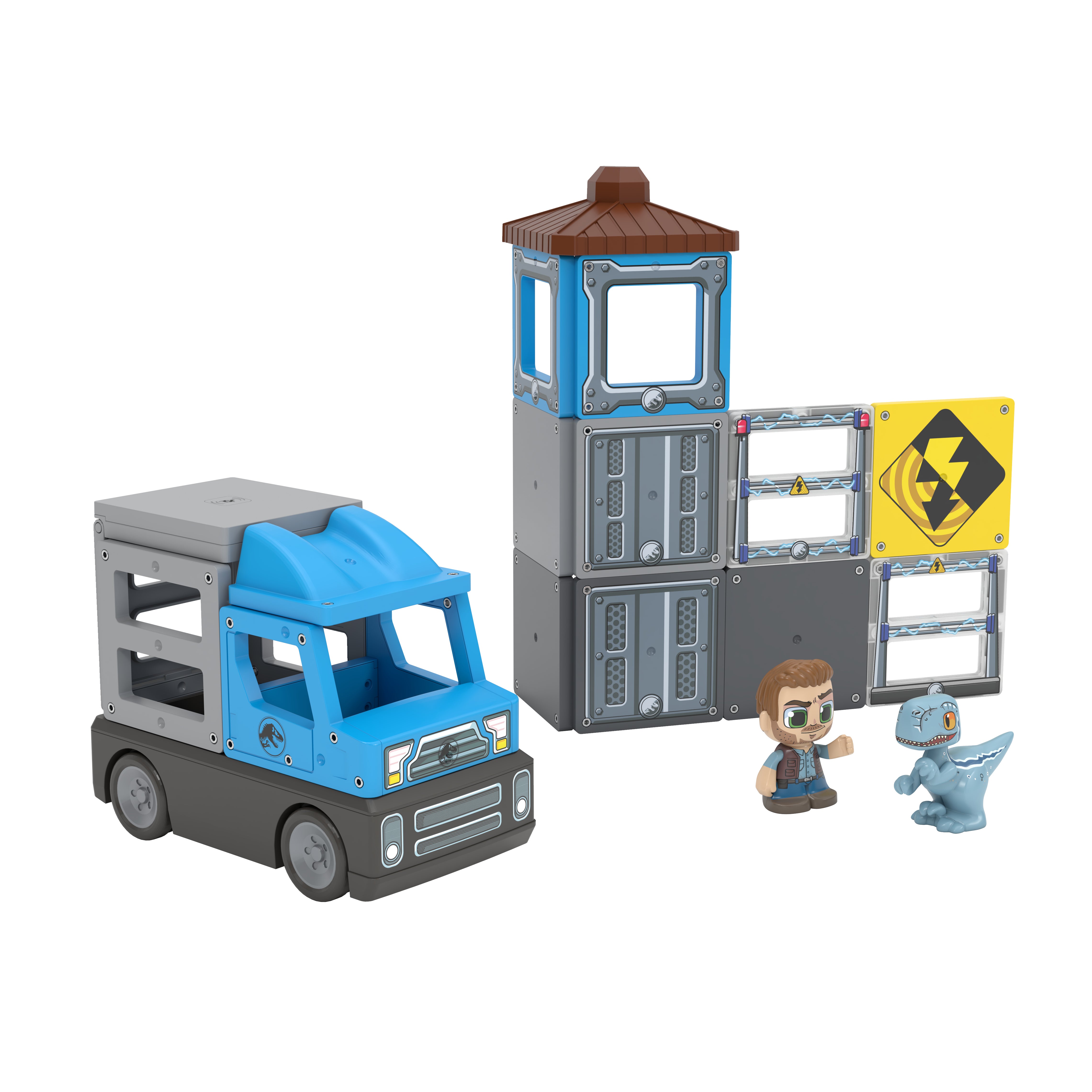 Toy truck and building set with figures on a white background