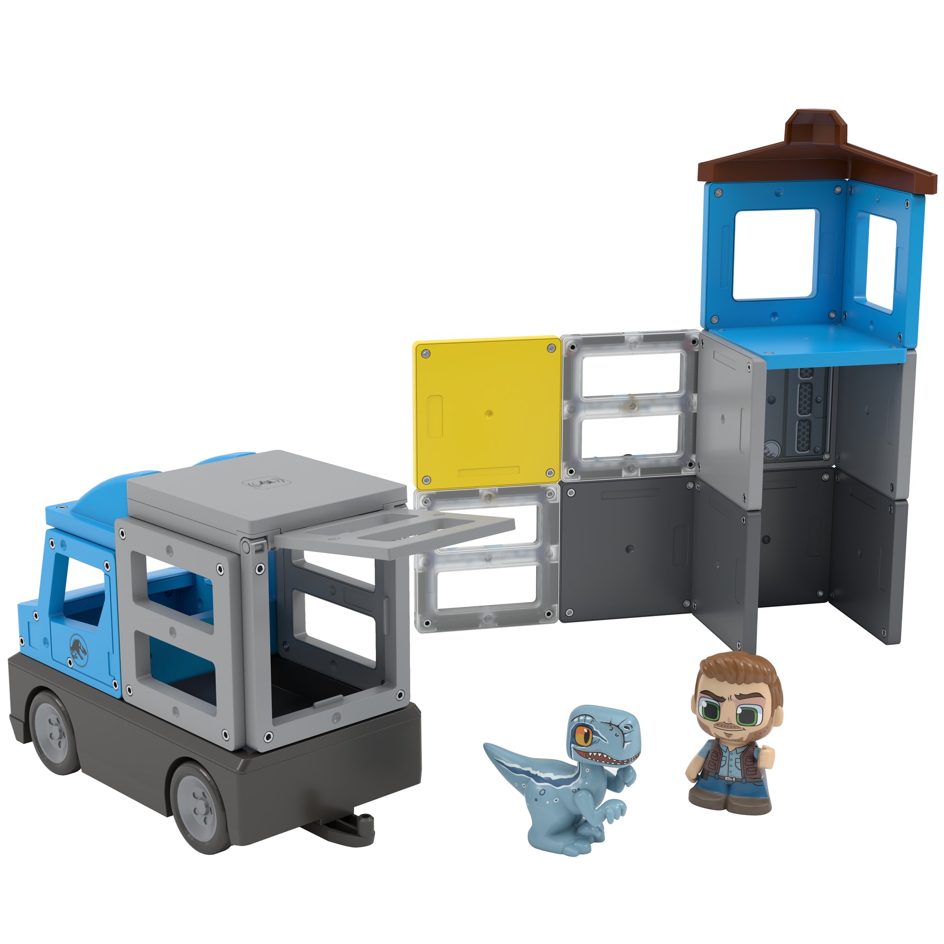 Toy truck with open doors, figures, and a small building on a white background