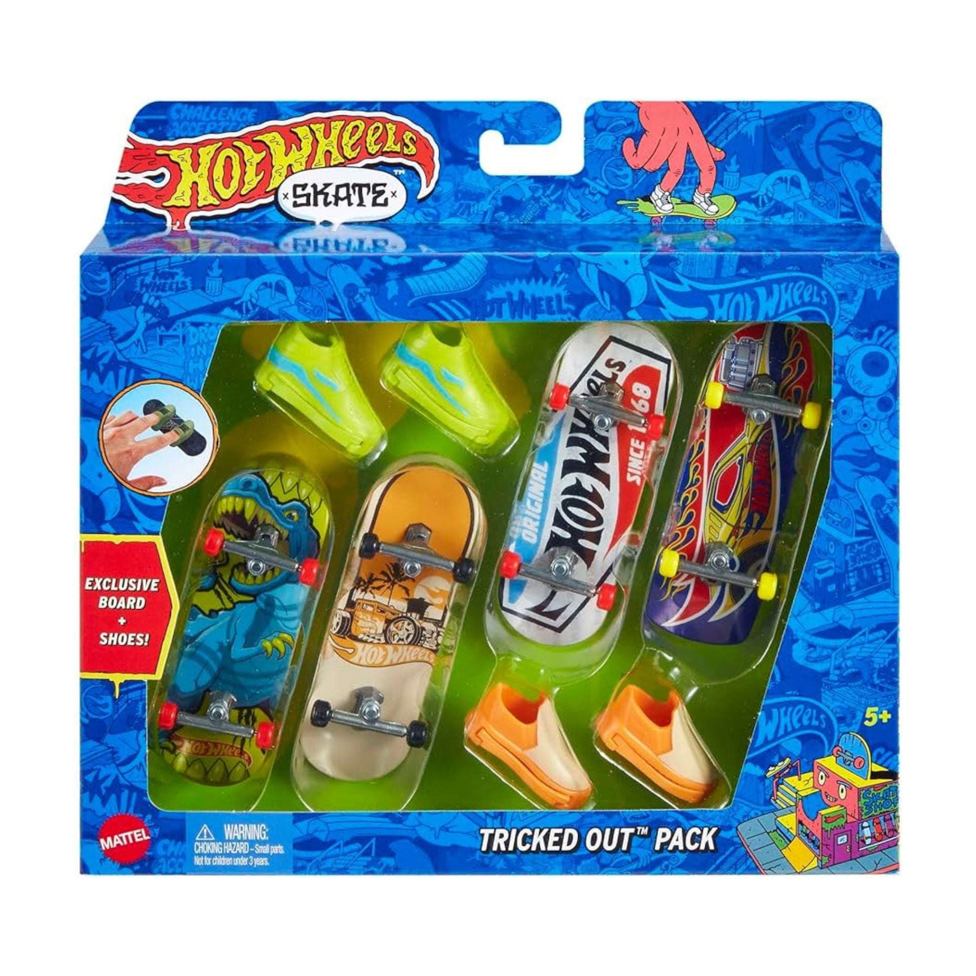 The Mattel Hot Wheels Skate Board & Shoe Pack features four colorful fingerboards and mini skate shoes, all in striking blue-themed packaging decorated with awesome skate graphics.