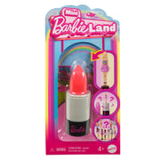 Mattel Barbie Mini Barbieland Doll comes in a pink and white lipstick-shaped container with the Barbie logo. Includes a surprise mini Barbie doll inside. Packaged with a rainbow background, for ages 4+.