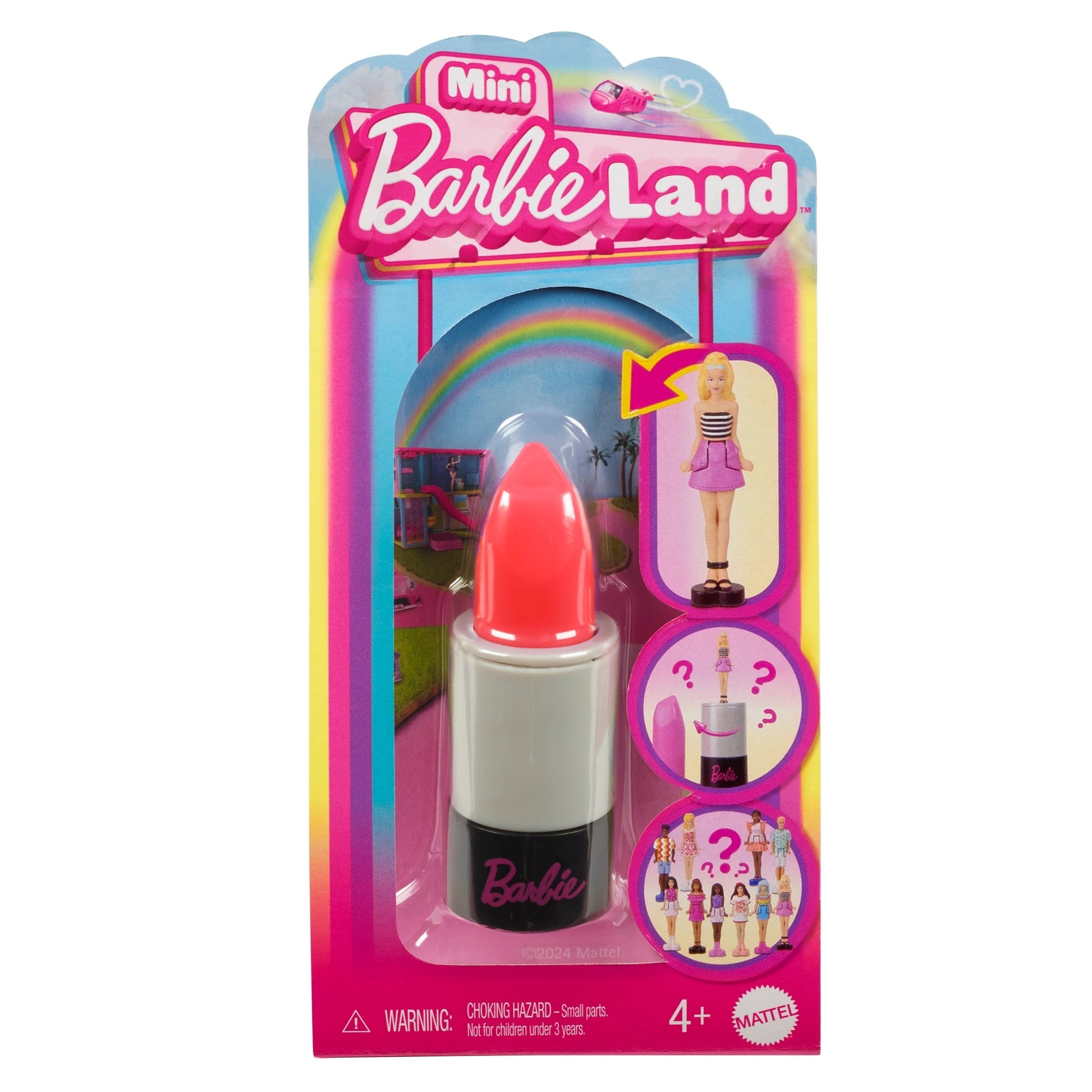 Mattel Barbie Mini Barbieland Doll comes in a pink and white lipstick-shaped container with the Barbie logo. Includes a surprise mini Barbie doll inside. Packaged with a rainbow background, for ages 4+.