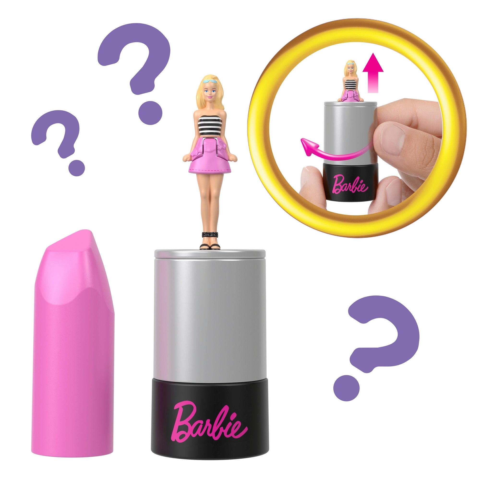 The Mattel Barbie Mini Barbieland Doll is revealed from an open toy lipstick with a pink cap, surrounded by purple question marks. An inset shows a hand lifting out the mini doll—ideal for fans of collectible Mini Barbie Land dolls.