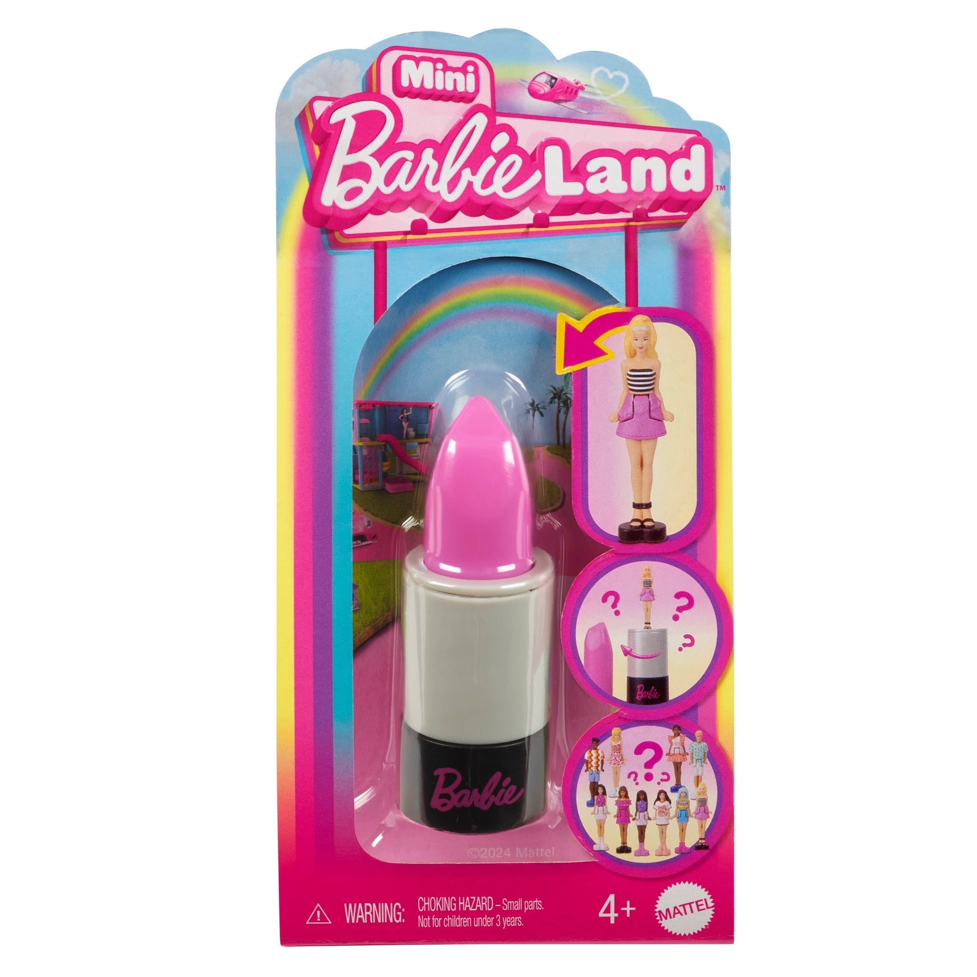 The Mattel Barbie Mini Barbieland Doll is a lipstick-shaped toy with a pink cap, Barbie branding, and an illustration revealing a surprise mini collectible doll inside. Suitable for ages 4+.