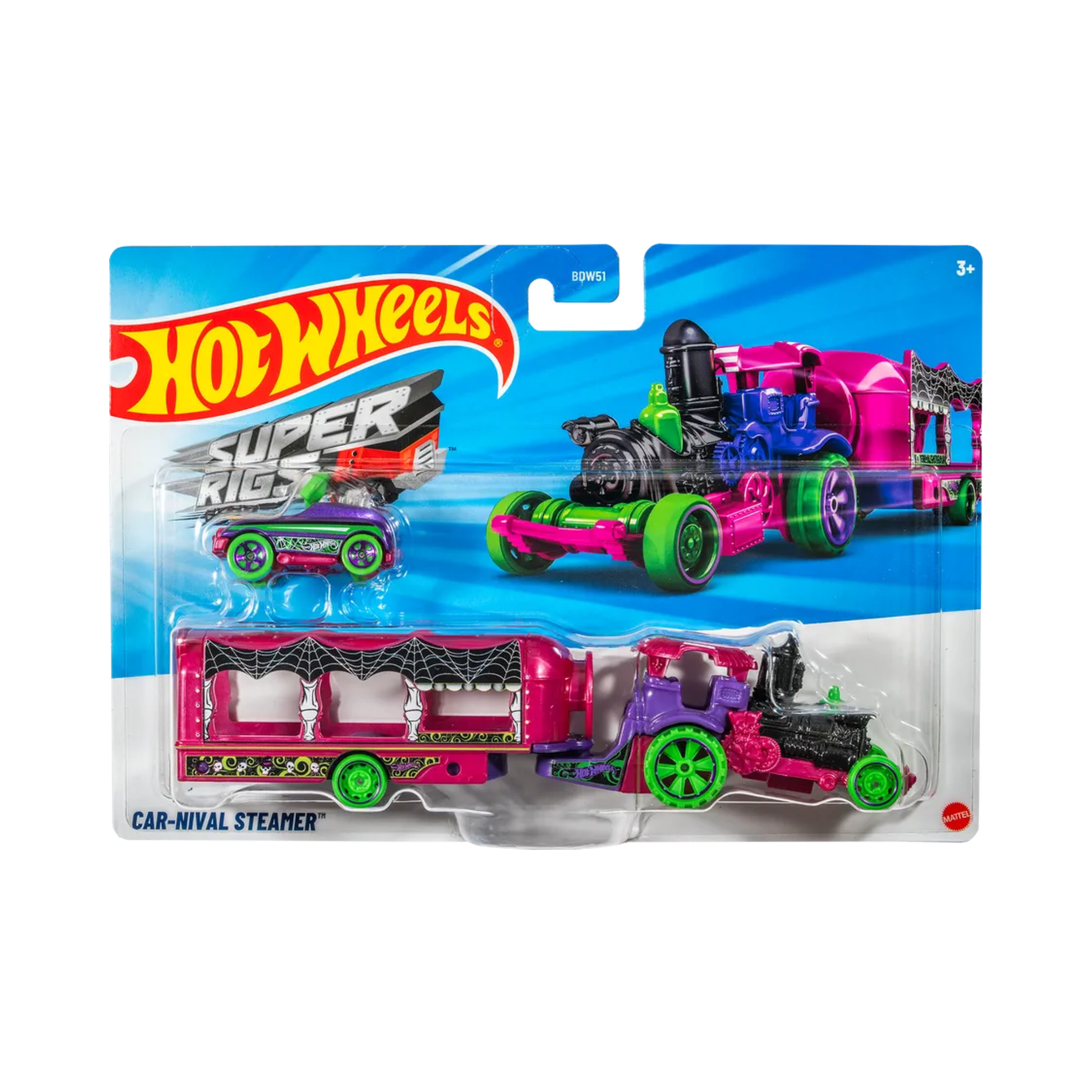The Mattel Hot Wheels Super Rig comes in colorful packaging, featuring a vibrant futuristic locomotive design with green wheels and purple, pink, and black detailing.