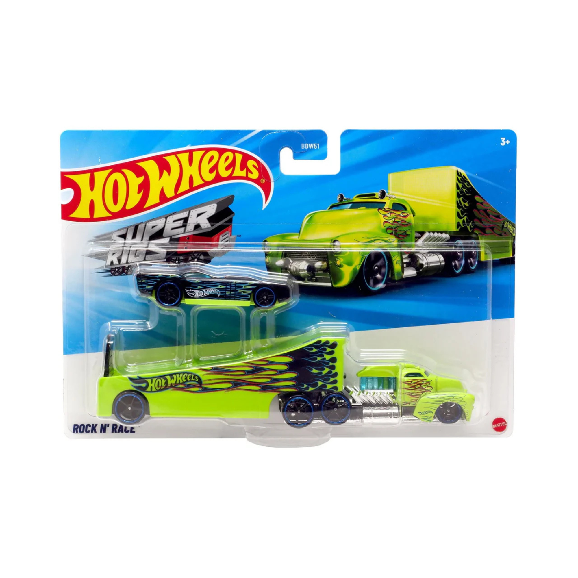Mattel Hot Wheels Super Rig set in packaging shows a bright green truck with yellow flame decals and a matching race car on a blue and white background labeled “Super Rigs” and “Rock N Roll.”.