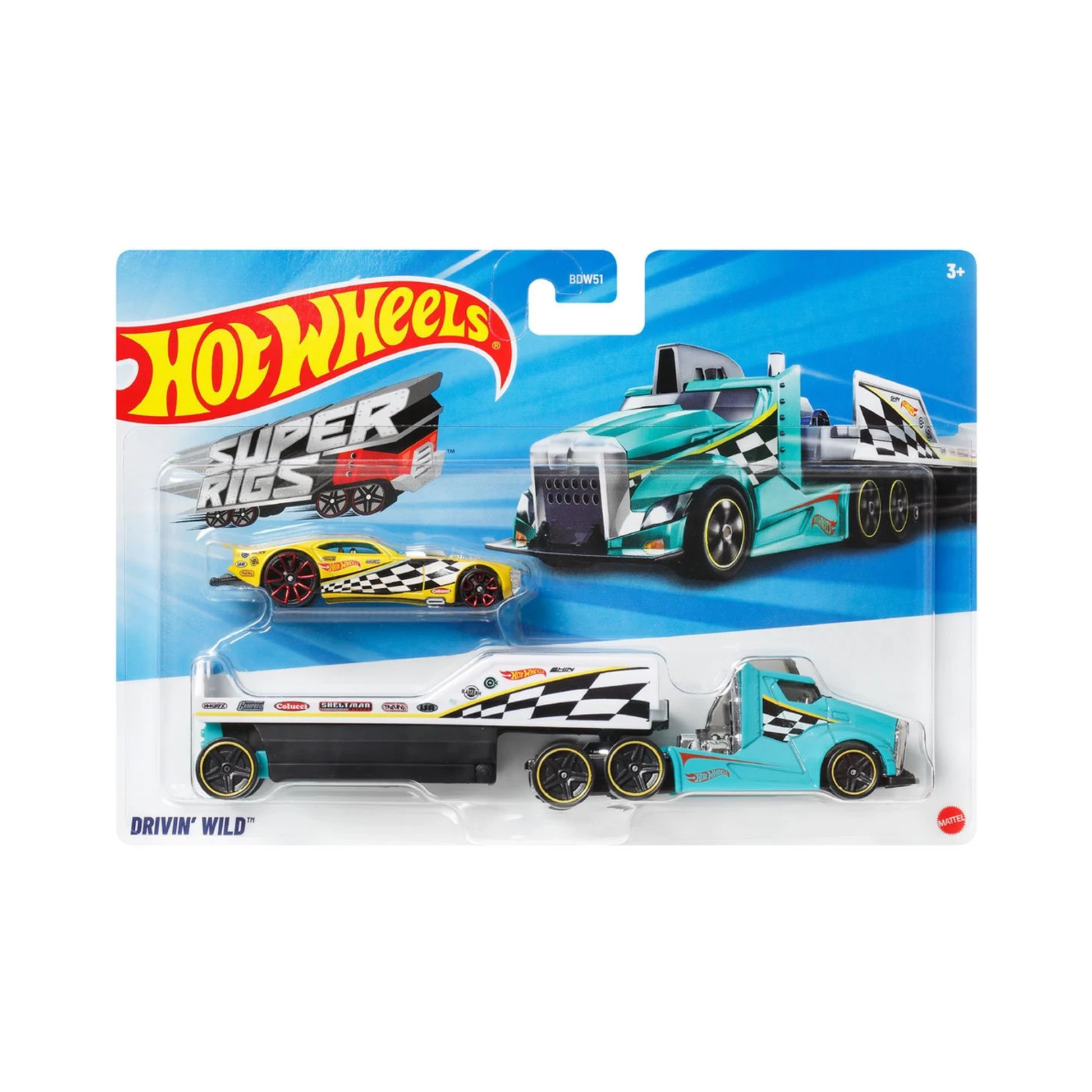 The Mattel Hot Wheels Super Rig set includes a turquoise and white semi-truck with black and yellow checkered details, plus a matching race car in Drivin Wild packaging.