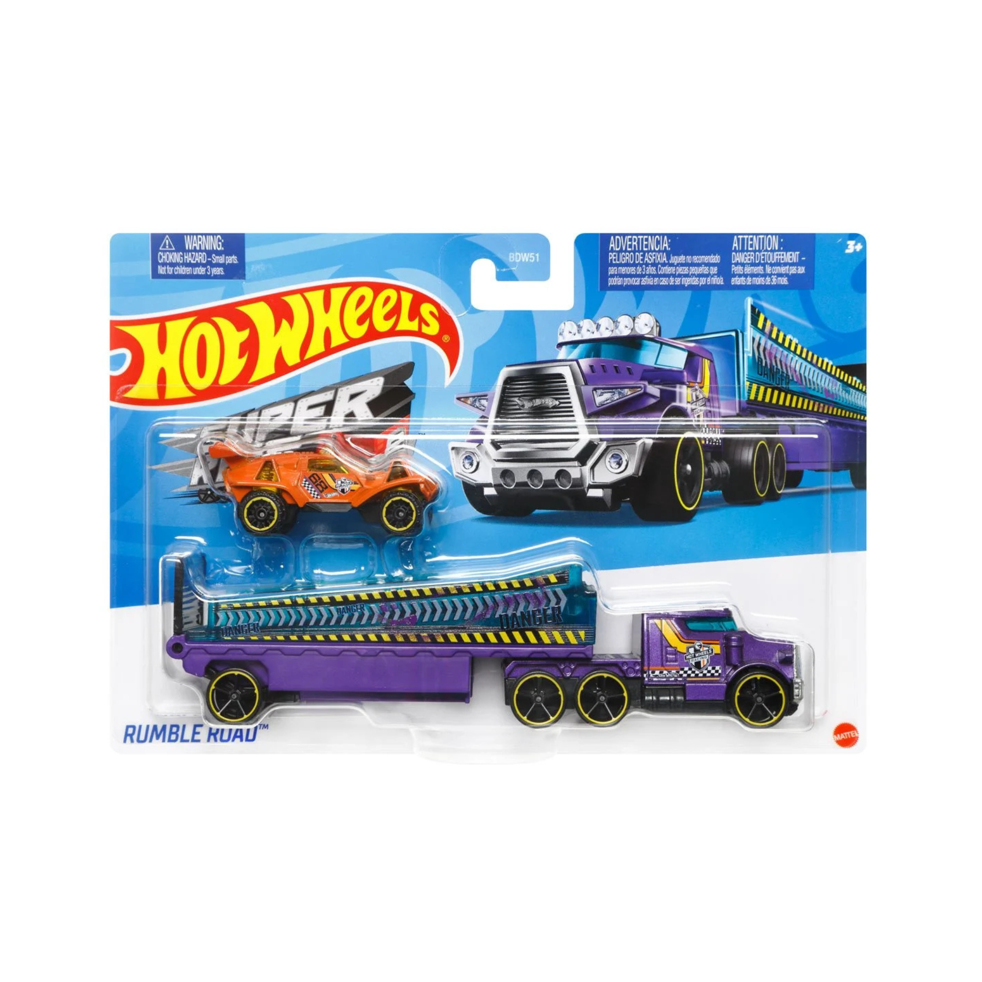 Mattel Hot Wheels Super Rig in packaging, featuring a purple and silver semi-truck carrier with ramp and an orange off-road vehicle. The packaging displays the Hot Wheels logo and the Rumble Road collectible car set name.