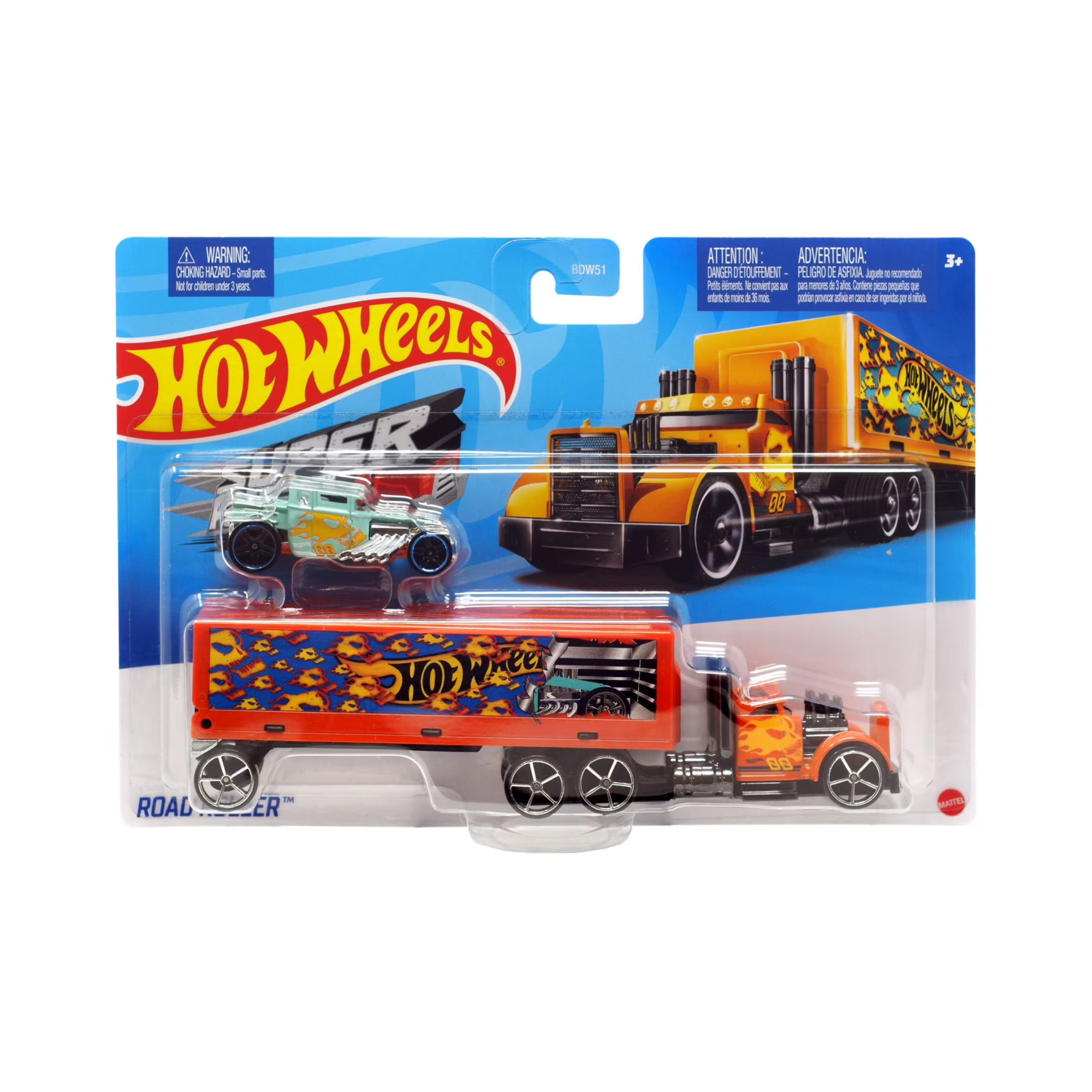 The Mattel Hot Wheels Super Rig set in packaging showcases an orange and black truck with flame designs, a matching trailer, and a small silver car above the truck, all set against a blue background.