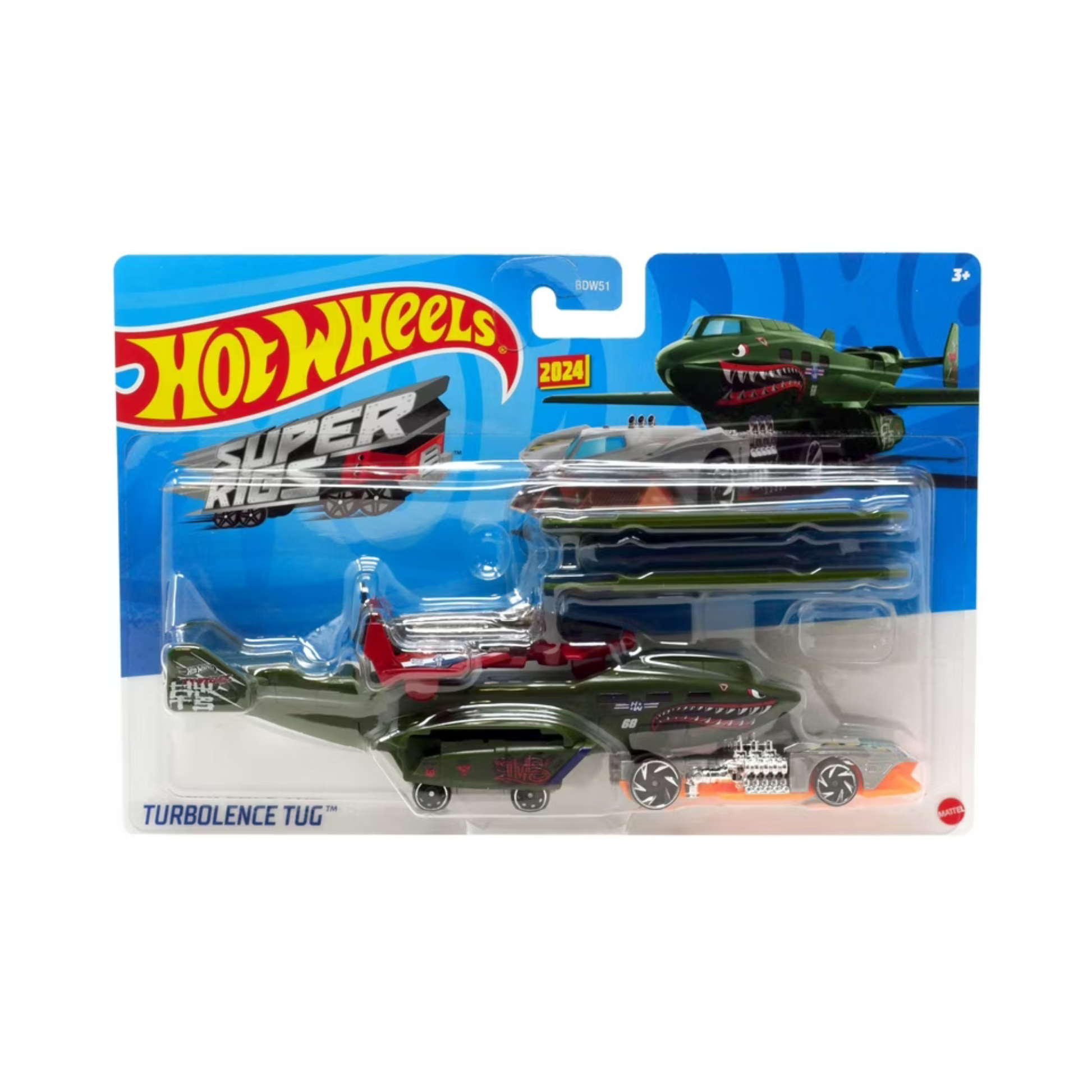 Mattel Hot Wheels Super Rig in original packaging, features a green Turbulence Tug truck and matching car with red accents and chrome engine details, displayed against a blue background.