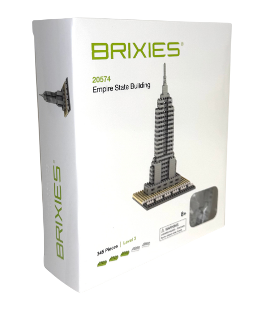 A white Small Gift Box Empire State Building by Brixies, featuring a micro-brick model of the NYC landmark, product number 20574, contains 345 pieces and is recommended for ages 8+.