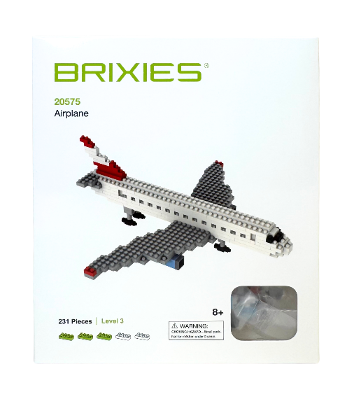 The Brixies Small Gift Box Airplane is a micro-brick kit with 231 pieces for ages 8+, featuring a pixel-style white plane with red and gray accents on the box.