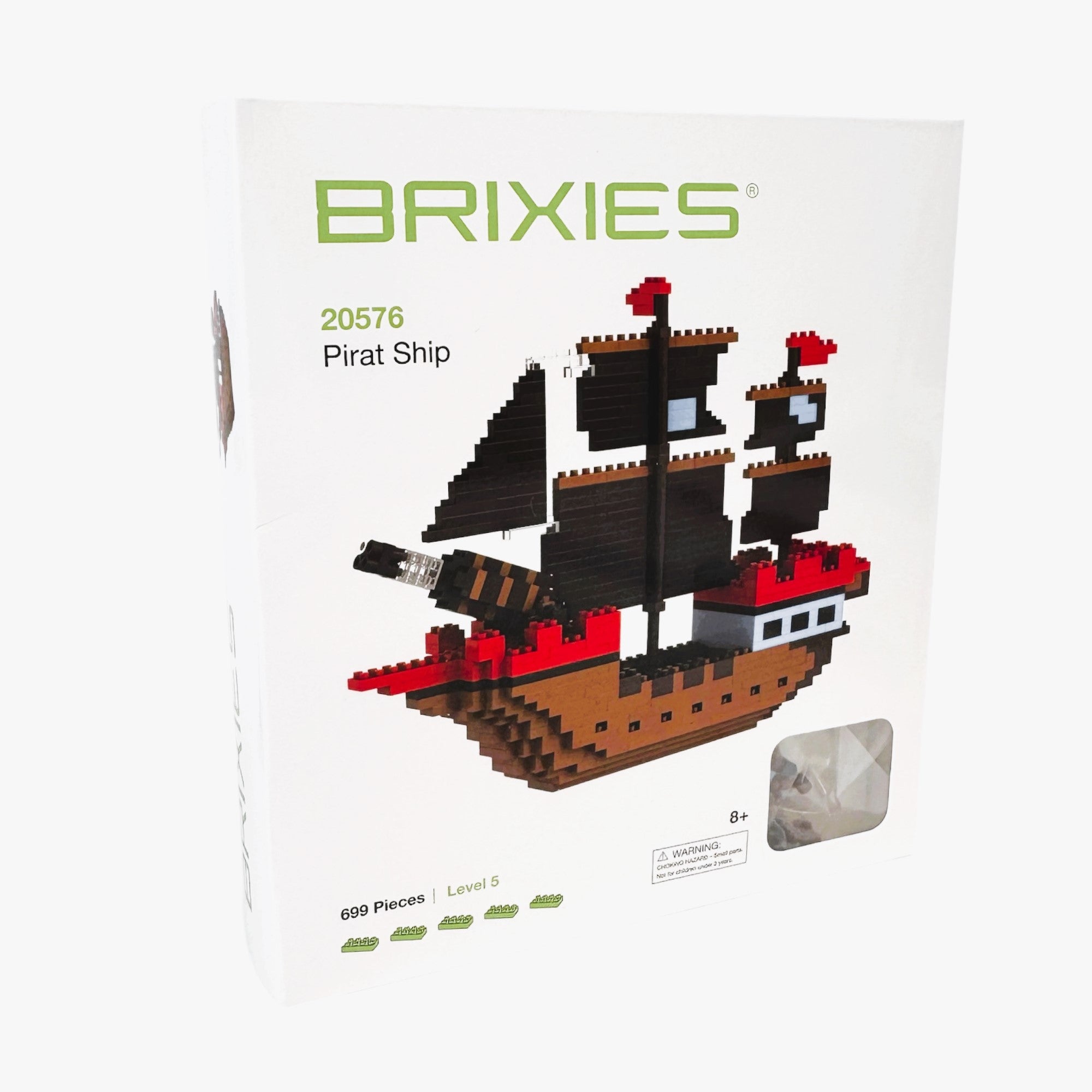The Brixies Large Gift Box Pirate Ship is a 699-piece micro-brick construction kit in brown, black, and red. Packaged in a gift box, it's perfect for ages 8+ and offers hours of building fun.