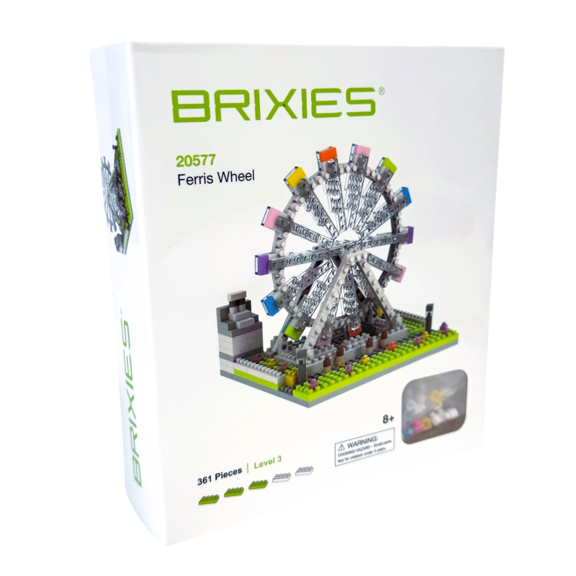 The Brixies Small Gift Box Ferris Wheel is a micro-brick kit with 361 pieces, Level 3 difficulty, and suitable for ages 8+. Packaged in a gift box, it lets you build a colorful miniature Ferris wheel with interlocking bricks.