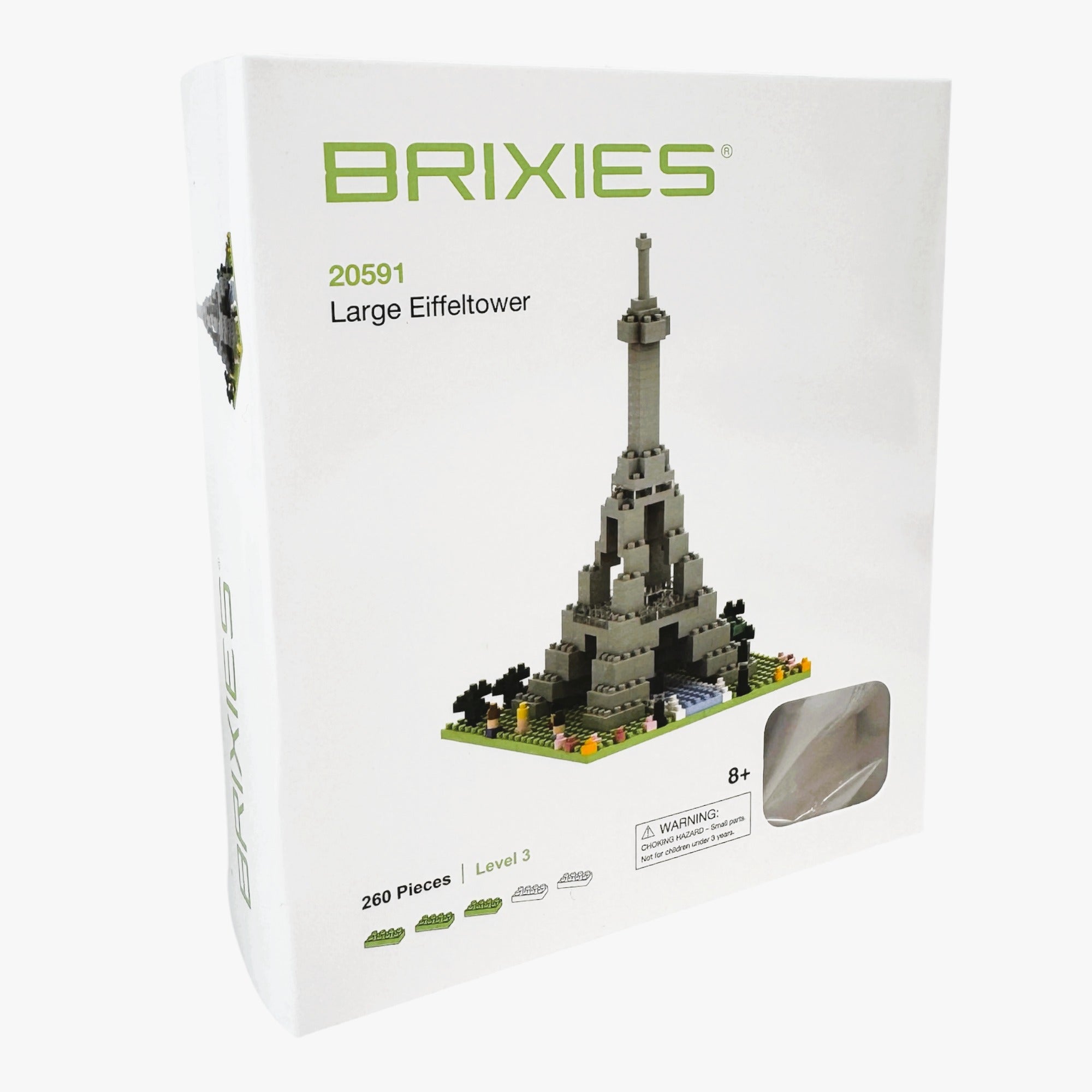 The Brixies Small Gift Box Large Eiffel Tower kit features 260 micro-bricks to build a gray Eiffel Tower model. With level 3 difficulty, it’s ideal for ages 8+ and makes a great architecture gift. The box shows the assembled tower.
