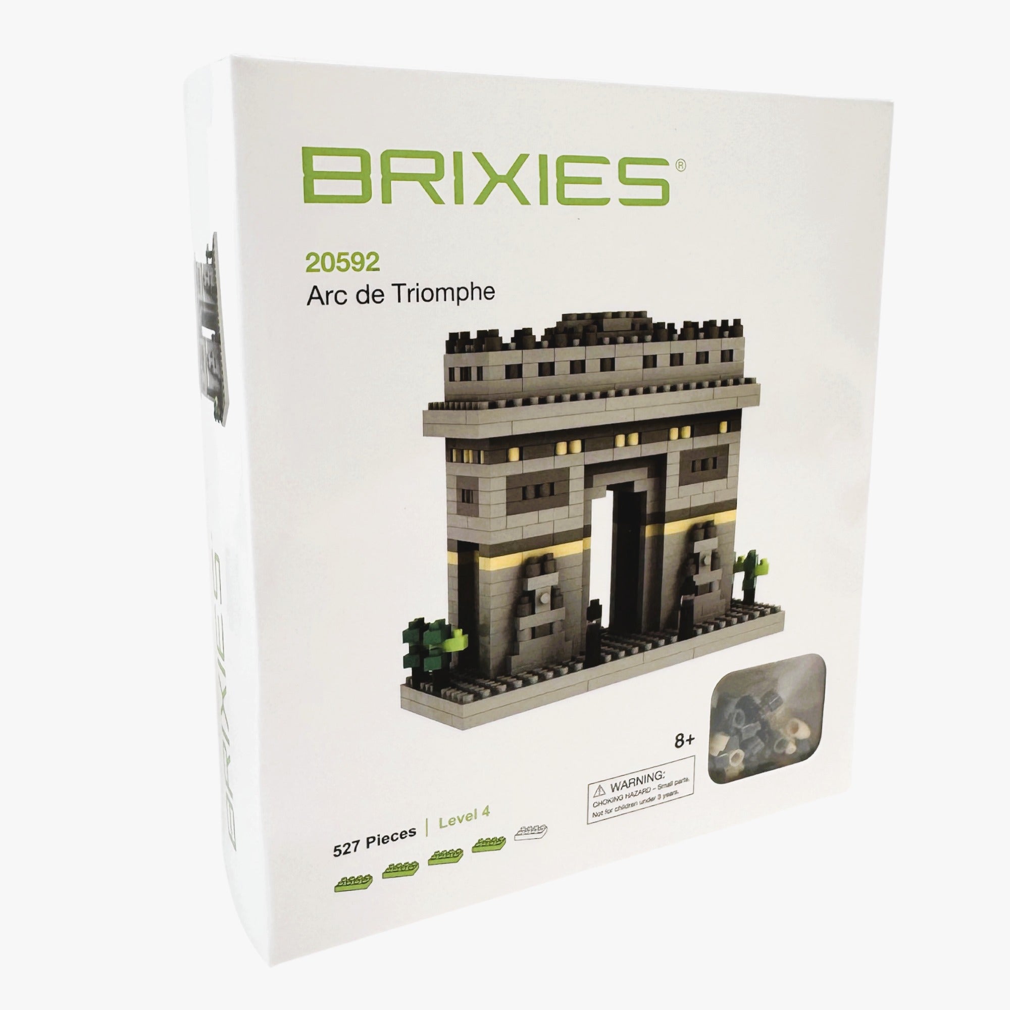 A white BRIXIES Small Gift Box Arc De Triomphe micro-brick kit (set 20592), with 527 pieces, for ages 8+, displays the completed Paris monument on the front.