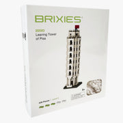 The Brixies Small Gift Box Leaning Tower of Pisa is a white box featuring an image of the iconic structure. This micro-brick kit includes 439 pieces and is recommended for ages 8 and up.