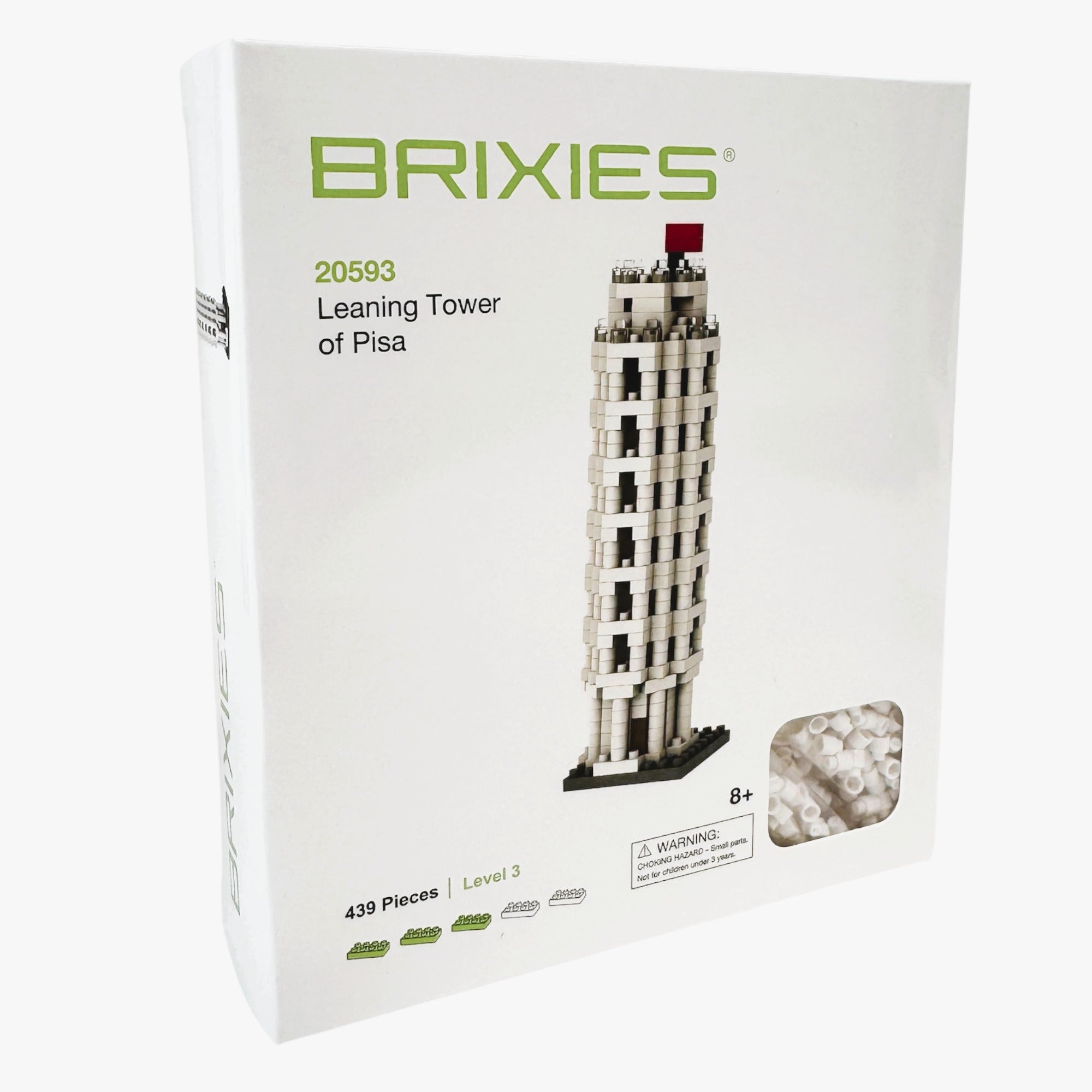 The Brixies Small Gift Box Leaning Tower of Pisa is a white box featuring an image of the iconic structure. This micro-brick kit includes 439 pieces and is recommended for ages 8 and up.