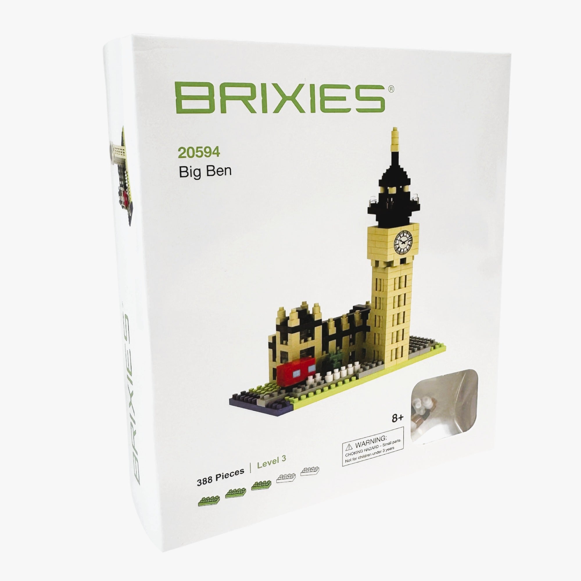 Brixies Small Gift Box Big Ben is a 388-piece micro-brick set for ages 8+, featuring a miniature Big Ben—ideal as a London souvenir. A clear window on the box shows some included bricks.