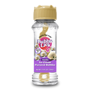 BubbleLick Ice Cream Flavored Bubbles come in a clear 2.5 fl oz (74 mL) bottle with a gold cap and purple label featuring ice cream scoops. These edible bubbles are safe for ages 2 and up.