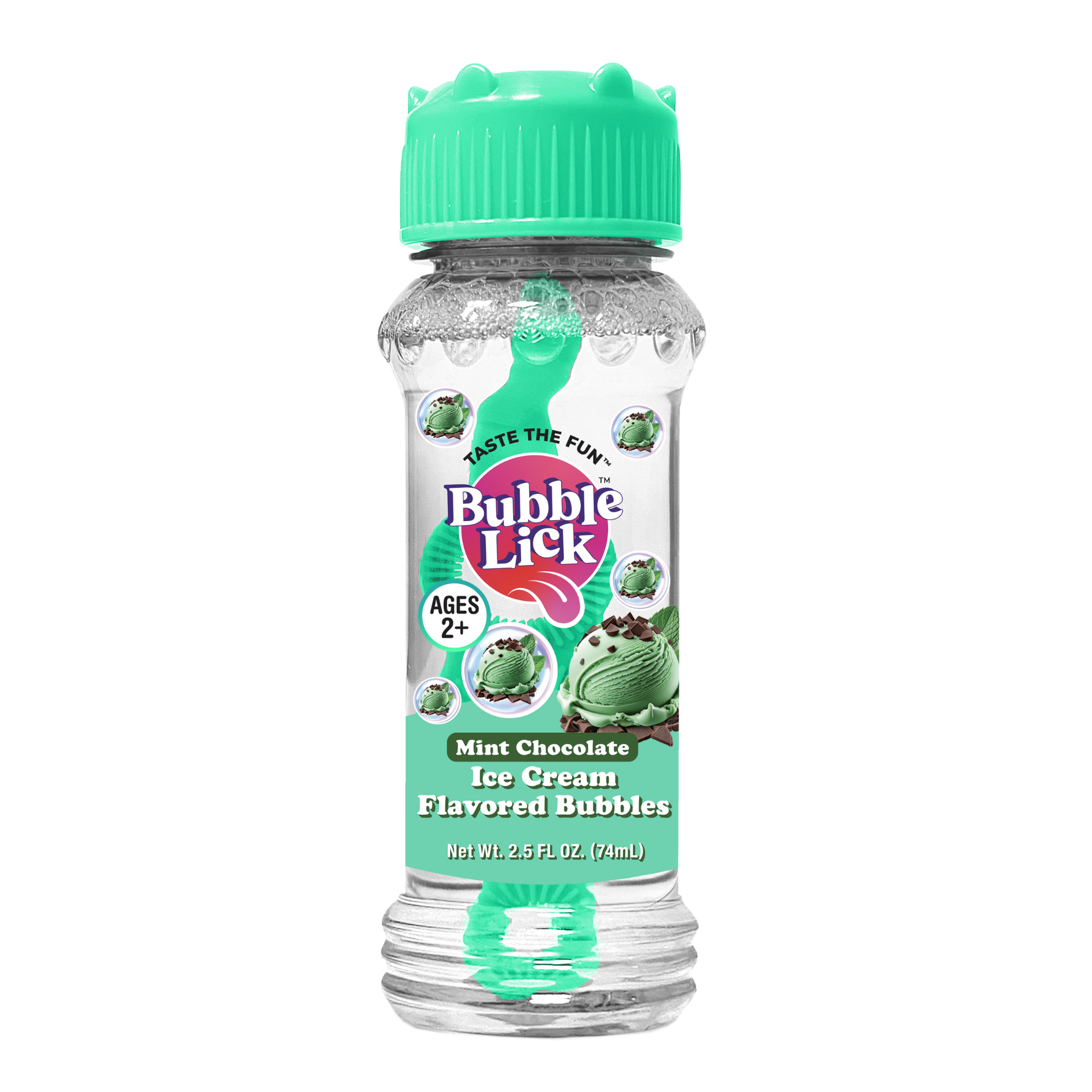A clear bottle labeled BubbleLick Ice Cream Flavored Bubbles with a green cap features scoops on the label and product info, emphasizing these edible bubbles are safe for ages 2 and up.