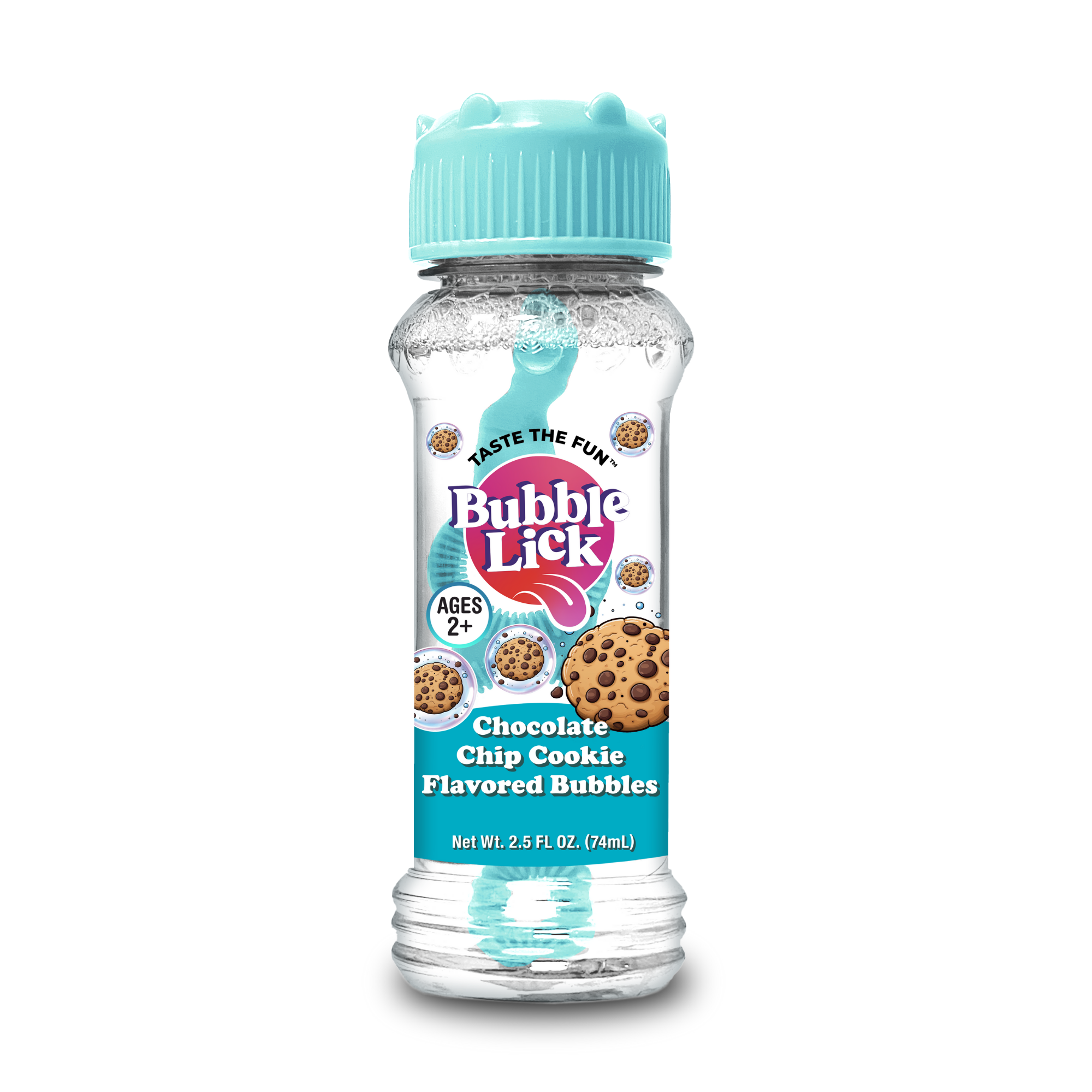 Clear plastic bottle with a blue cap labeled BubbleLick Ice Cream Flavored Bubbles. The label shows chocolate chip cookies, reads Chocolate Chip Cookie Flavored Edible Bubbles, Ages 2+, Net Wt. 2.5 FL OZ (74 mL).