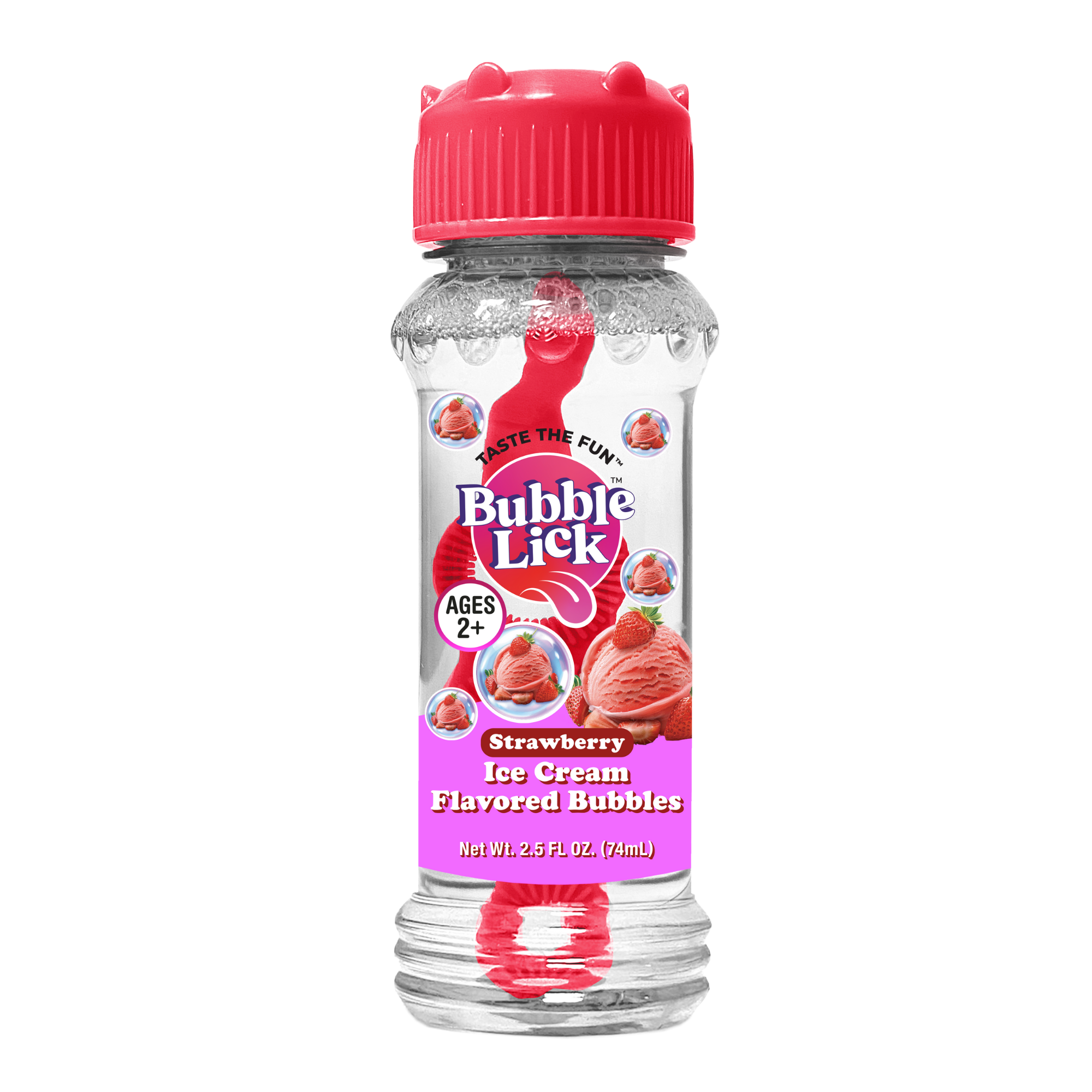 BubbleLick Ice Cream Flavored Bubbles come in a clear bottle with a red cap, labeled for ages 2+ and featuring images of strawberry ice cream and strawberries to make bubble play even sweeter.