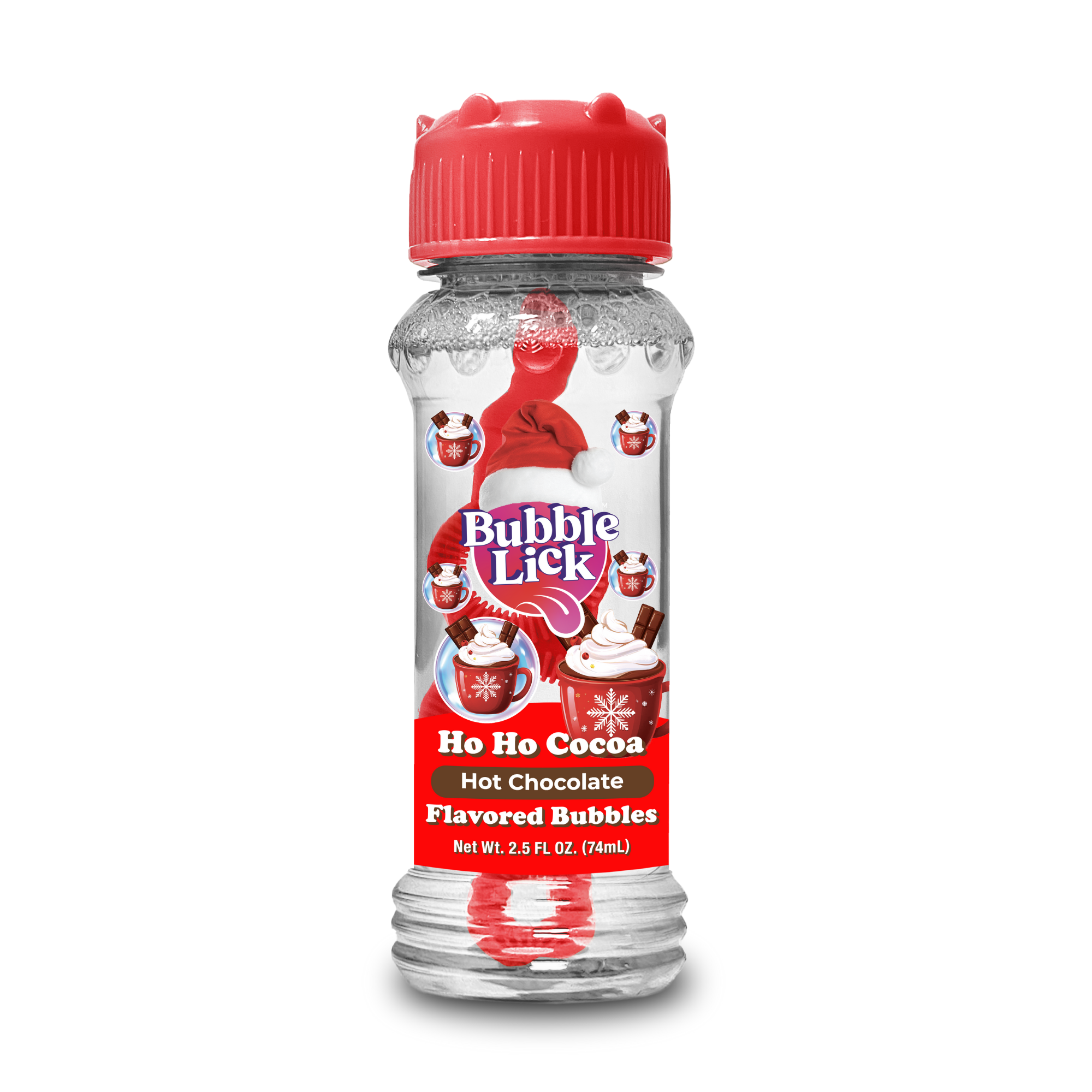A clear bottle of BubbleLick Holiday Edition Flavored Bubbles, Ho Ho Cocoa flavor, with a red cap and festive label showing hot chocolate, whipped cream, and candy canes. Each 2.5 fl oz (74 mL) bottle contains edible holiday bubbles.