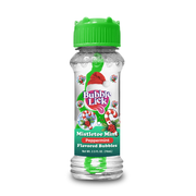 A clear bottle of BubbleLick Holiday Edition Flavored Bubbles in Mistletoe Mint Peppermint flavor with a green cap. The festive label shows candy canes, ornaments, a Santa hat, and states the net weight as 2.5 fl oz (74 mL).