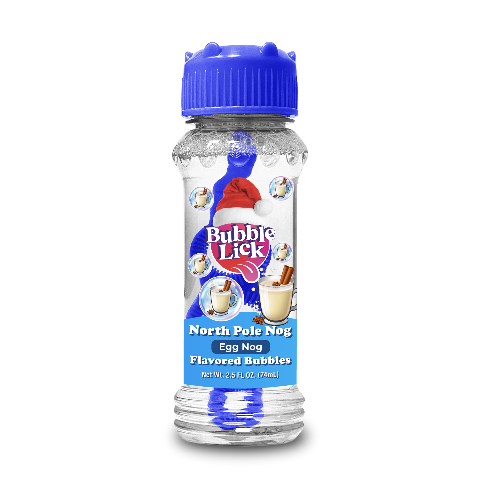A clear plastic bottle with a blue cap labeled BubbleLick Holiday Edition Flavored Bubbles, featuring festive graphics like eggnog glasses, bubbles, and a Santa hat. Contains 2.5 fl oz (74 mL) of edible, holiday-flavored bubbles.