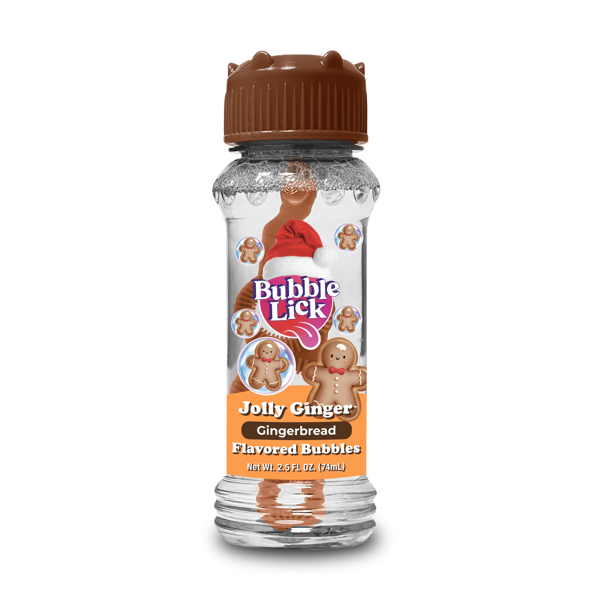 A clear bottle of BubbleLick Holiday Edition Flavored Bubbles has gingerbread cookie images, a brown gingerbread man–shaped cap, and an orange label decorated with gingerbread holiday designs.