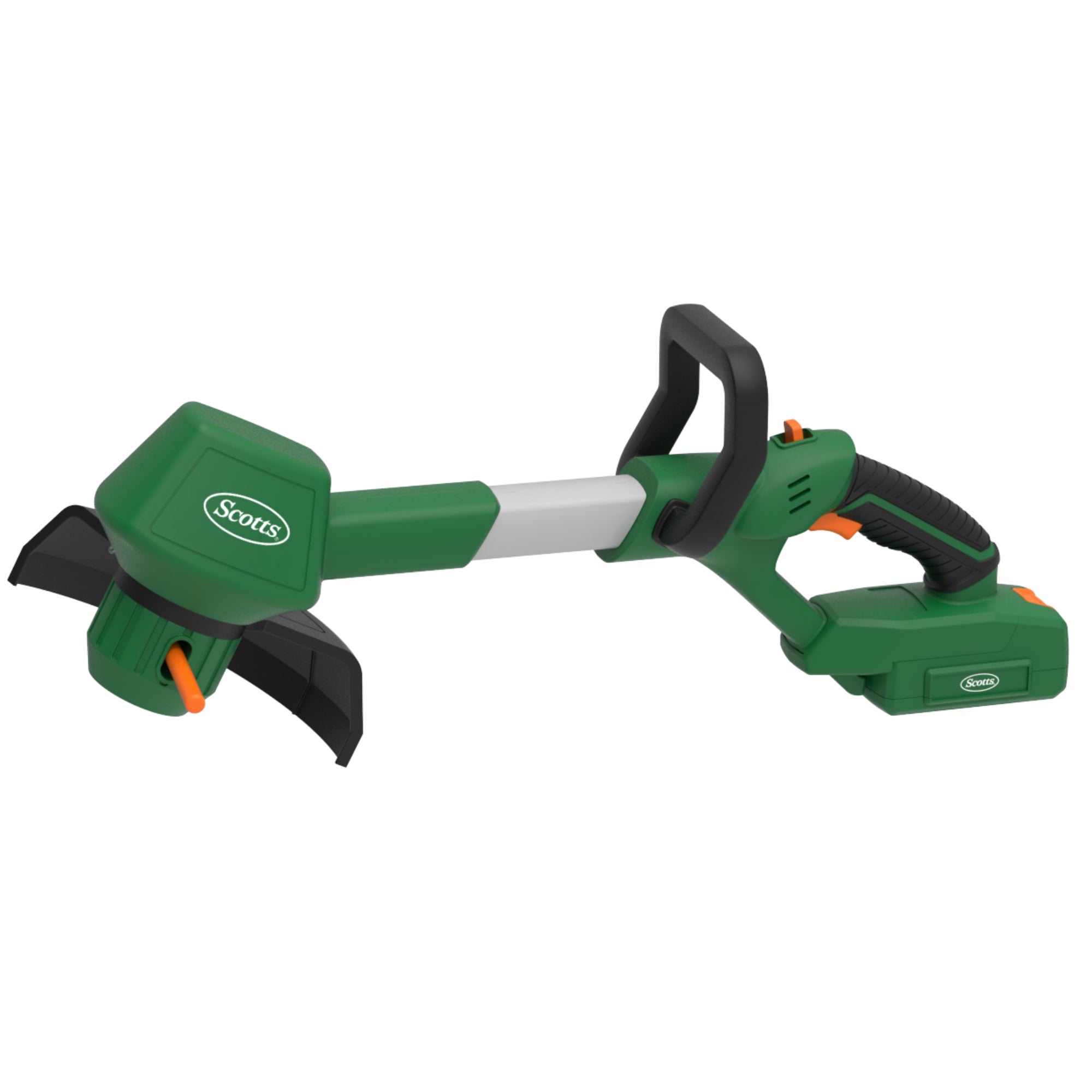 Green and black string trimmer on a white background