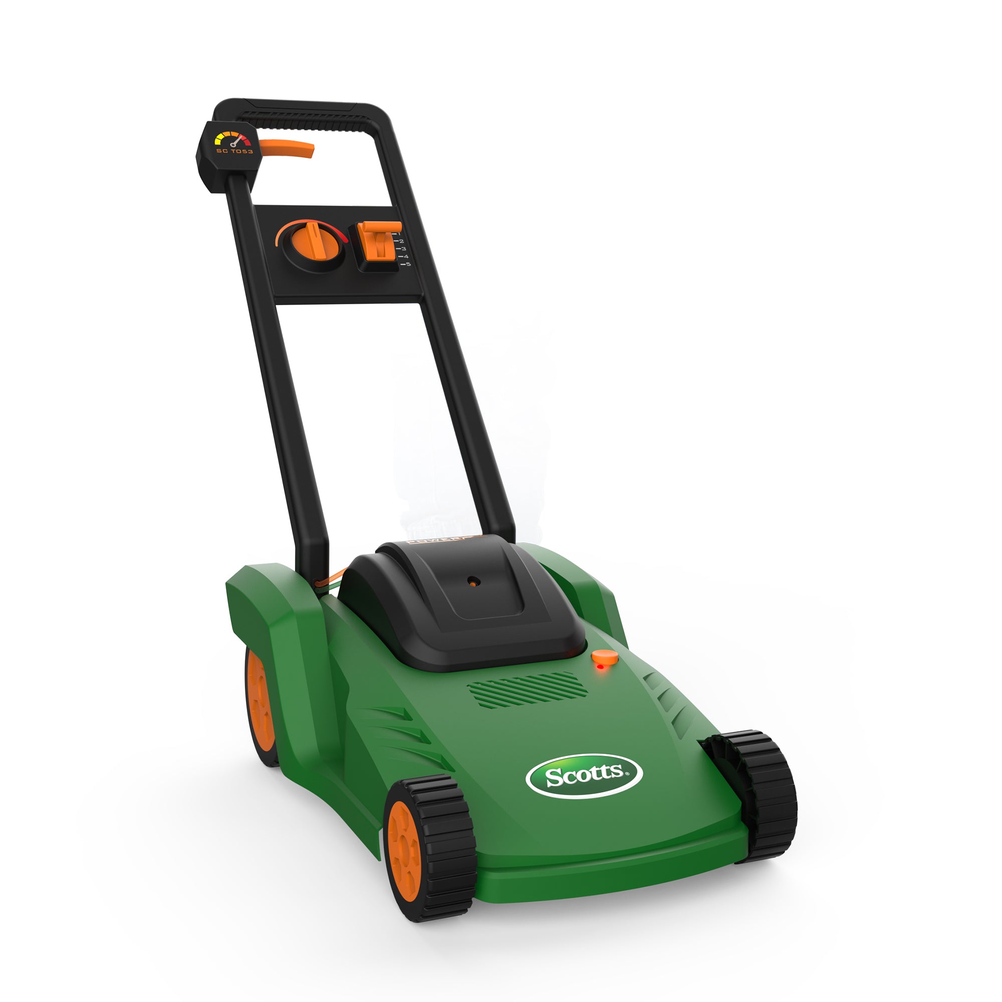 A green and black Scotts Water Squirting Lawnmower by Red Toolbox features orange wheels and controls, displayed on a white background.