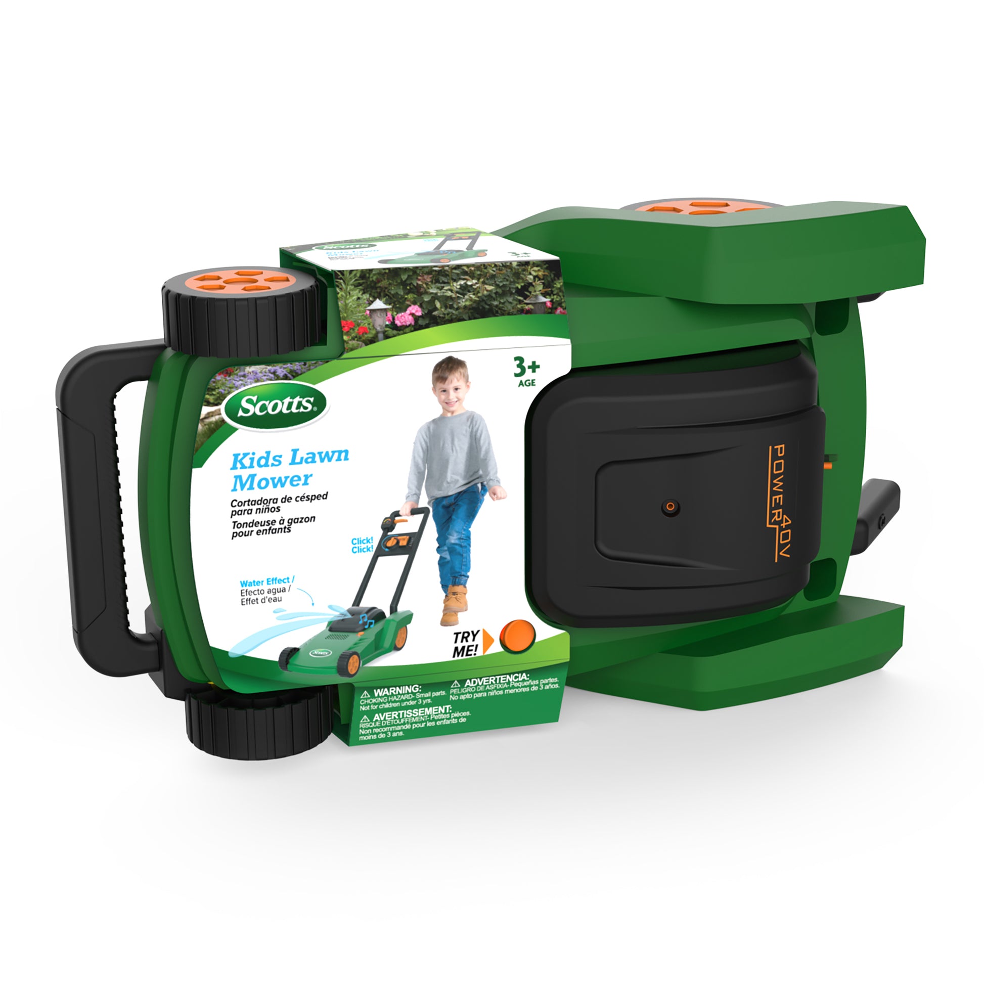 A green and black Scotts Water Squirting Lawnmower by Red Toolbox is shown in its packaging with a picture of a child pushing the toy. The box indicates it’s suitable for ages 3 and up.