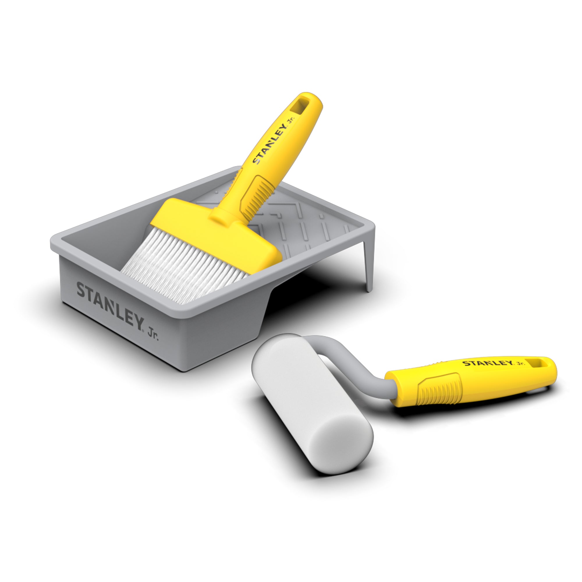 The Red Toolbox Stanley Jr. Deluxe Kid's Painters Set includes a paint tray with a yellow-handled brush inside and a matching roller beside it, all displayed on a white background.