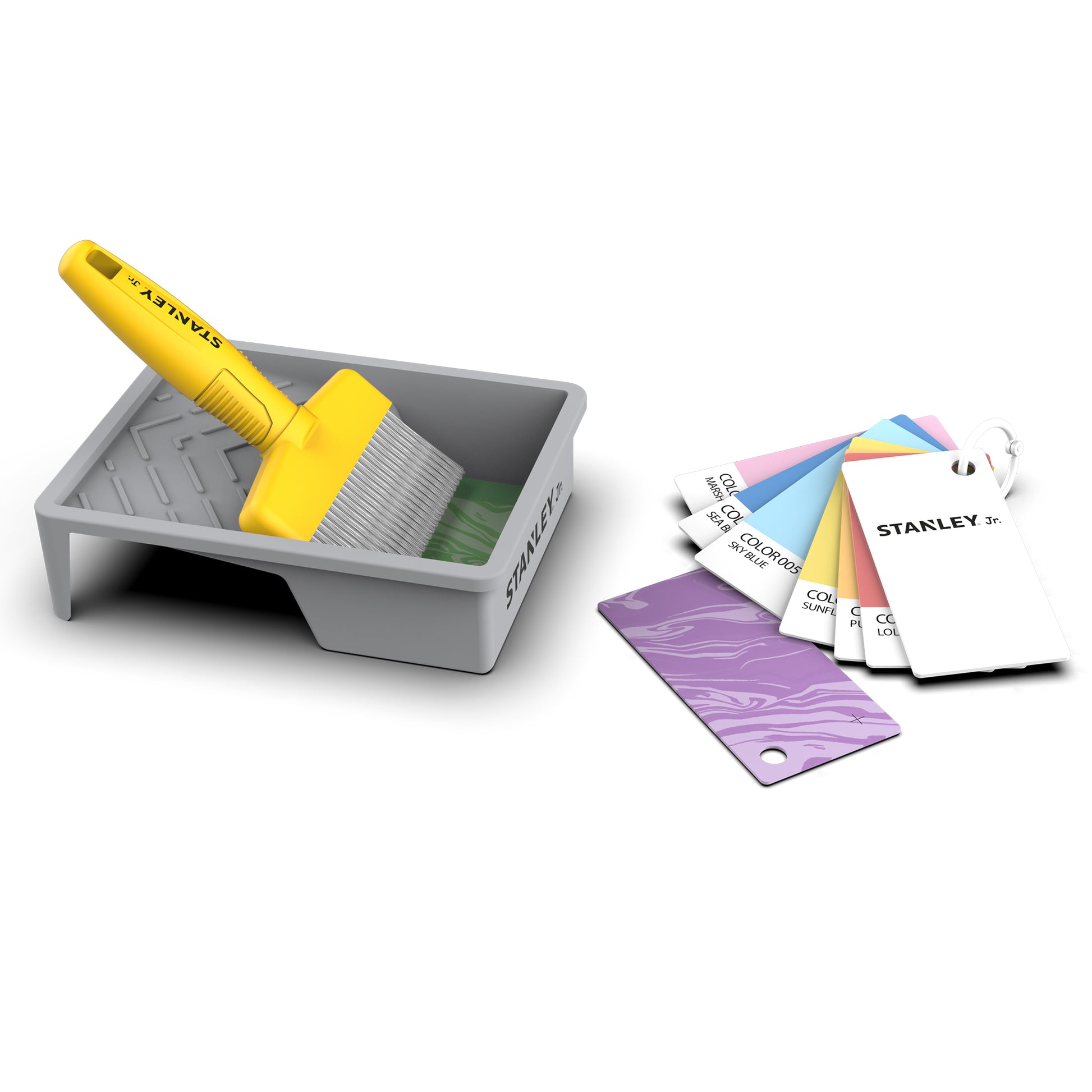 The Stanley Jr. Deluxe Kid's Painters Set by Red Toolbox features a yellow-handled paintbrush in a gray tray, with colorful paint swatches and sample cards labeled Stanley nearby.