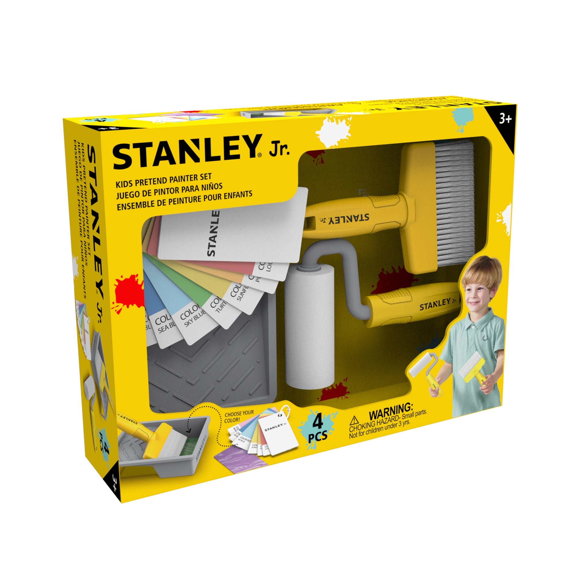 Yellow box for the Red Toolbox Stanley Jr. Deluxe Kid's Painters Set, featuring toy paint tools, color cards, and a smiling child with toy rollers. For ages 3+, front shows four pieces and includes a safety warning.