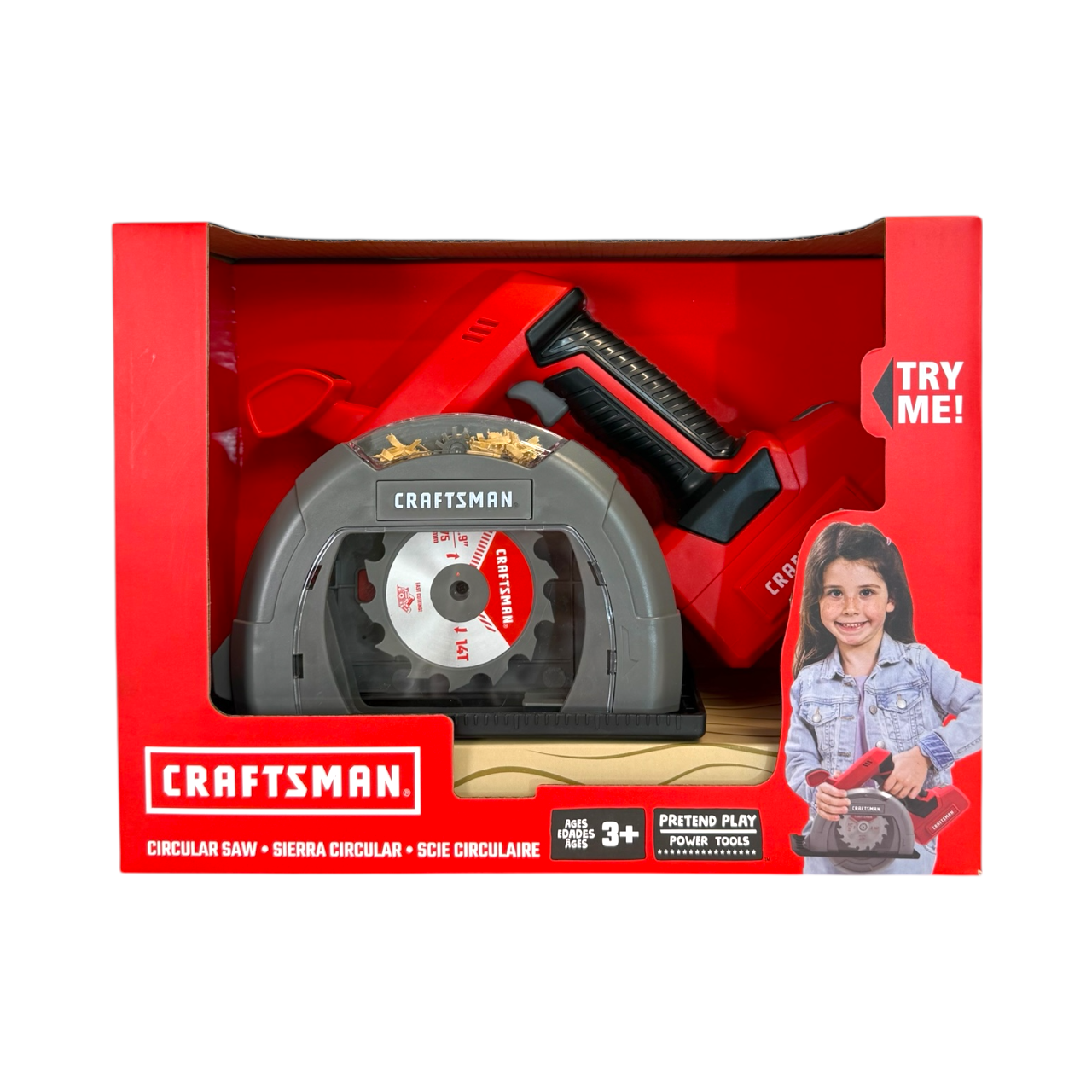Craftsman toy circular saw in packaging with a child model on a white background