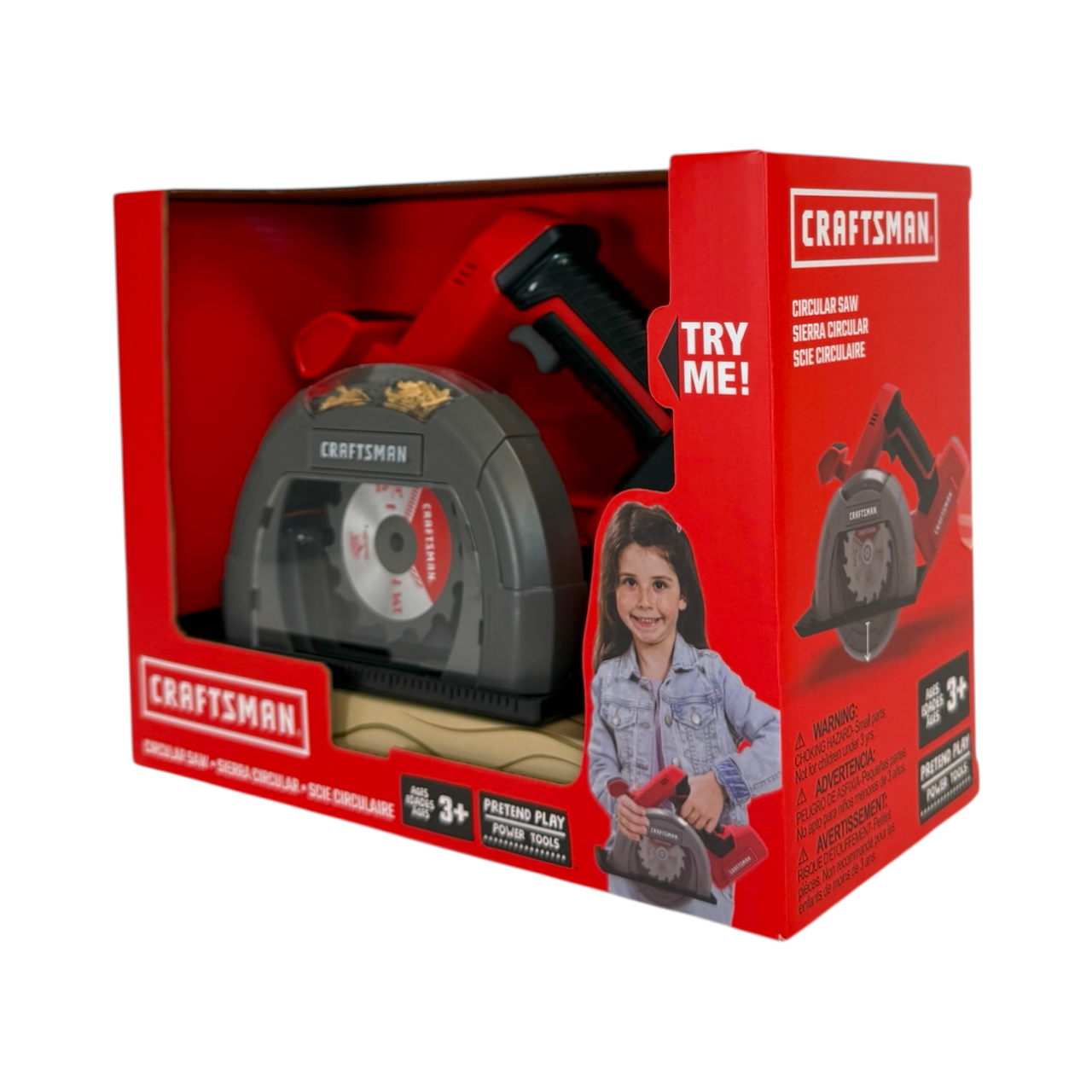 Craftsman toy circular saw in packaging with a child model on a white background