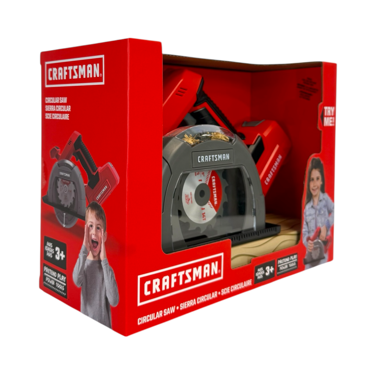 Craftsman toy circular saw in packaging with a child's face on the box.