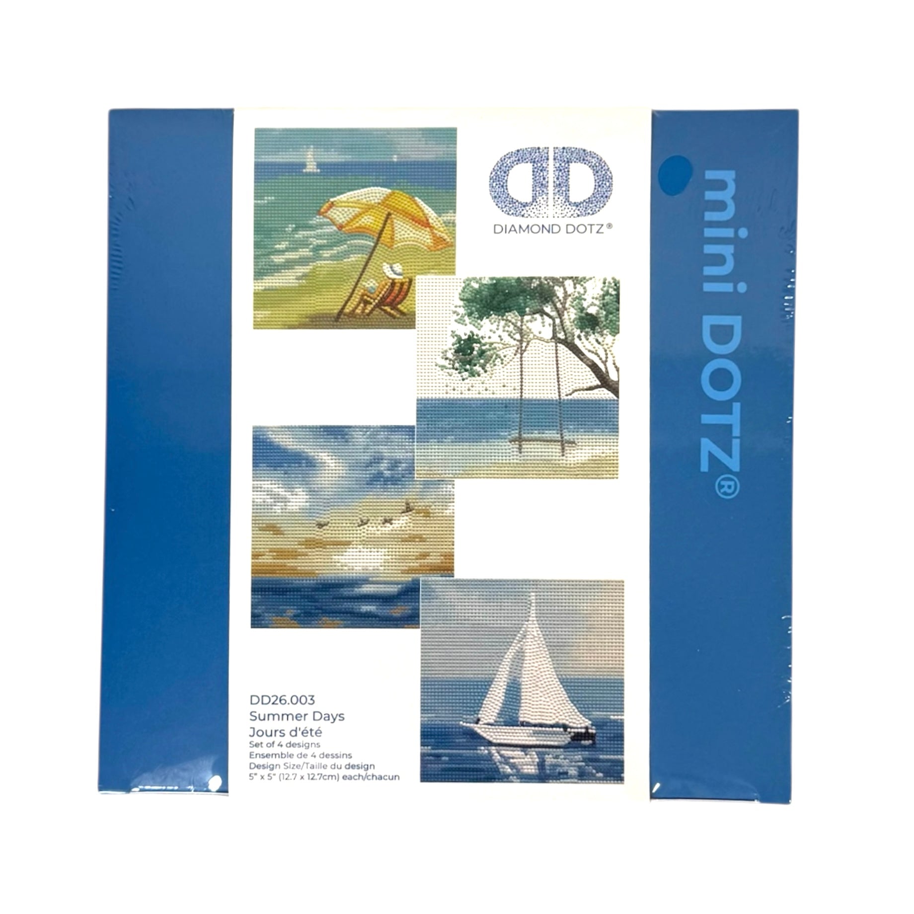 Diamond Dotz Summer Days is a mini DOTZ kit featuring three mosaic designs—beach scene with umbrella, waterfront trees, and sailboat—packaged in blue. Perfect for a relaxing summer craft activity.