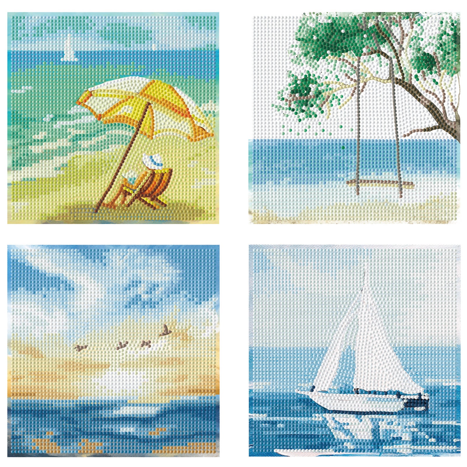 Diamond Dotz Summer Days features four soft, painterly square illustrations—a beach chair under a yellow umbrella, a seaside swing, birds at sunset, and a white sailboat—ideal for your next diamond painting project.