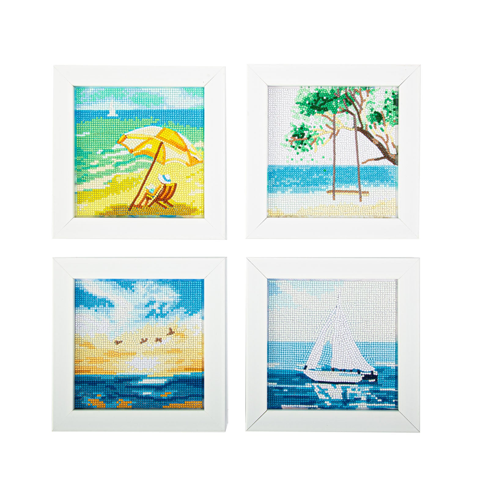 Diamond Dotz Summer Days features four framed artworks ideal for summer displays, showcasing a beach chair under a yellow umbrella, a tree by the shore, an ocean sunset, and a white sailboat on blue water.