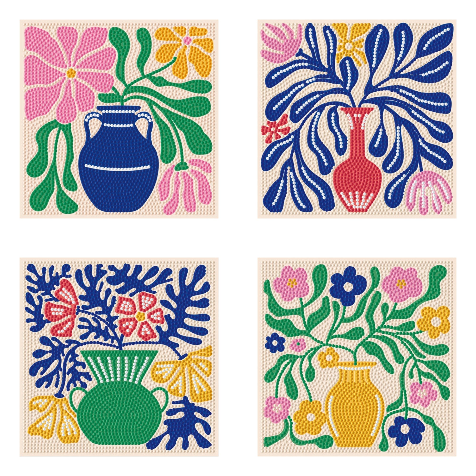 Four colorful, stylized illustrations of vases with large flowers and leaves, each in a different color—blue, red, green, or yellow—filled with vibrant floral designs. Finished using the Diamond Dotz Mini Dotz kit.