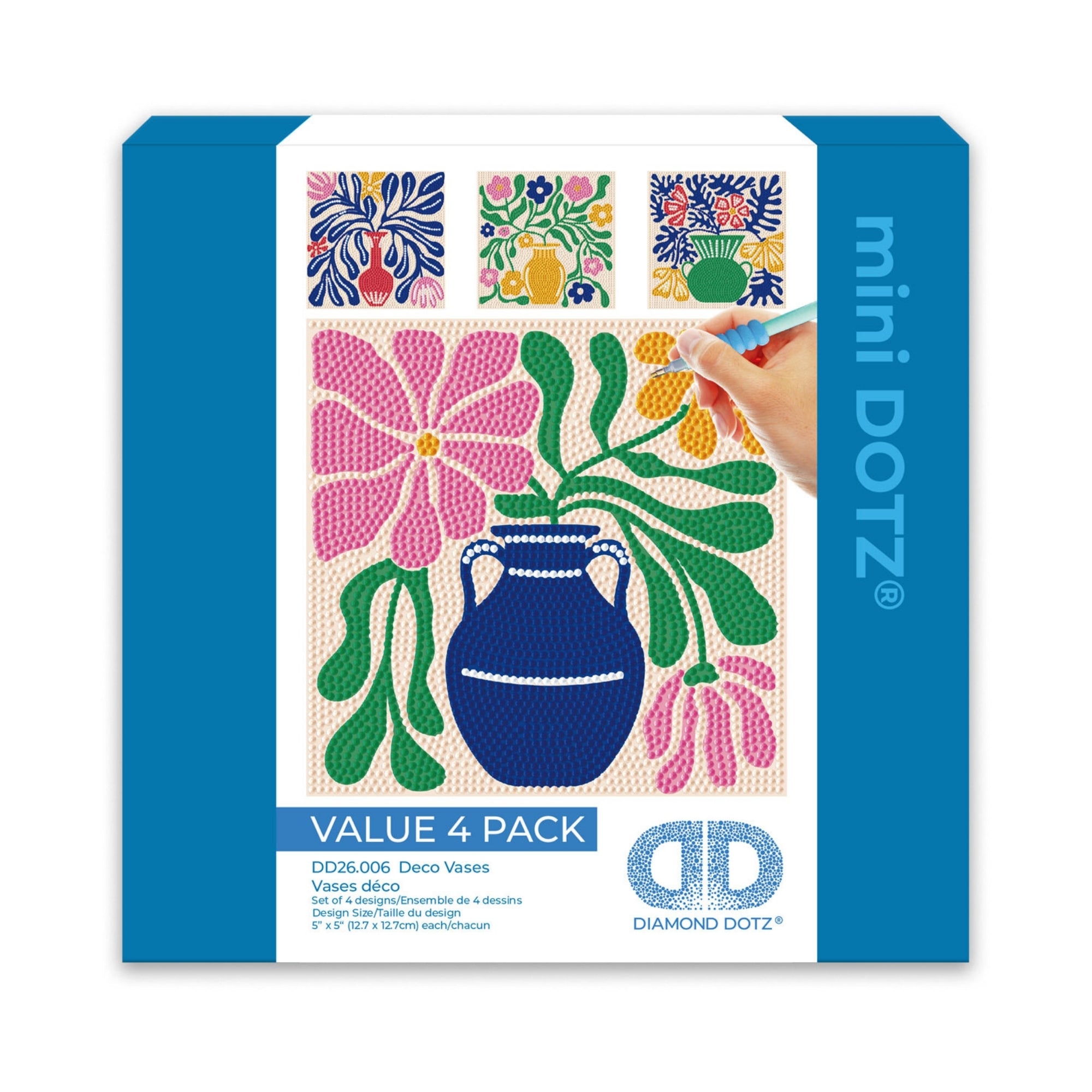 A Diamond Dotz Mini Dotz VALUE 4 PACK box shows a hand placing beads on a floral vase design, with three finished mini vase artworks displayed above.