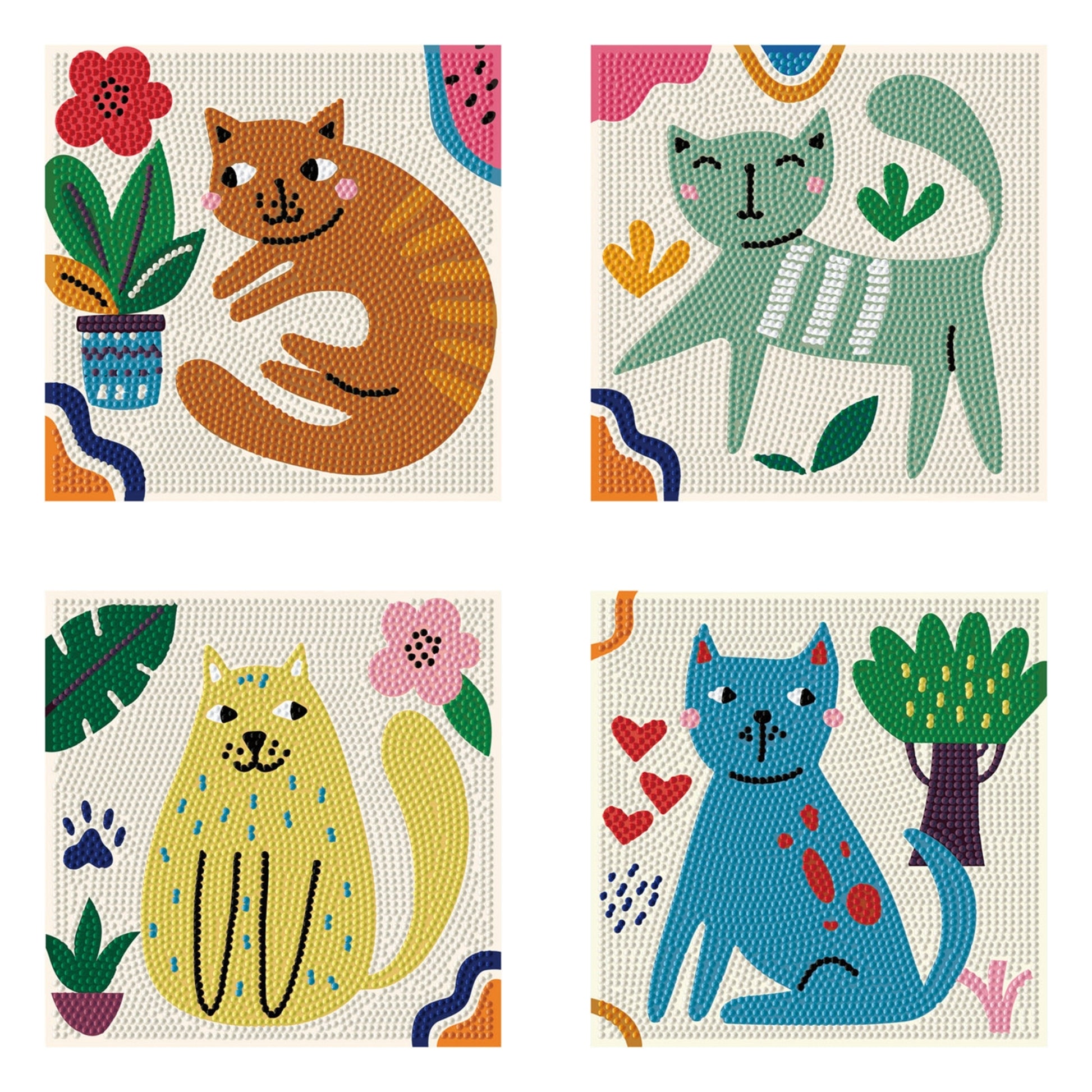 Diamond Dotz Mini Dotz: Four cats in playful poses, surrounded by plants, flowers, hearts, and abstract shapes on textured backgrounds. Each cat features a unique color—orange, green, yellow, or blue—in vibrant whimsical designs.
